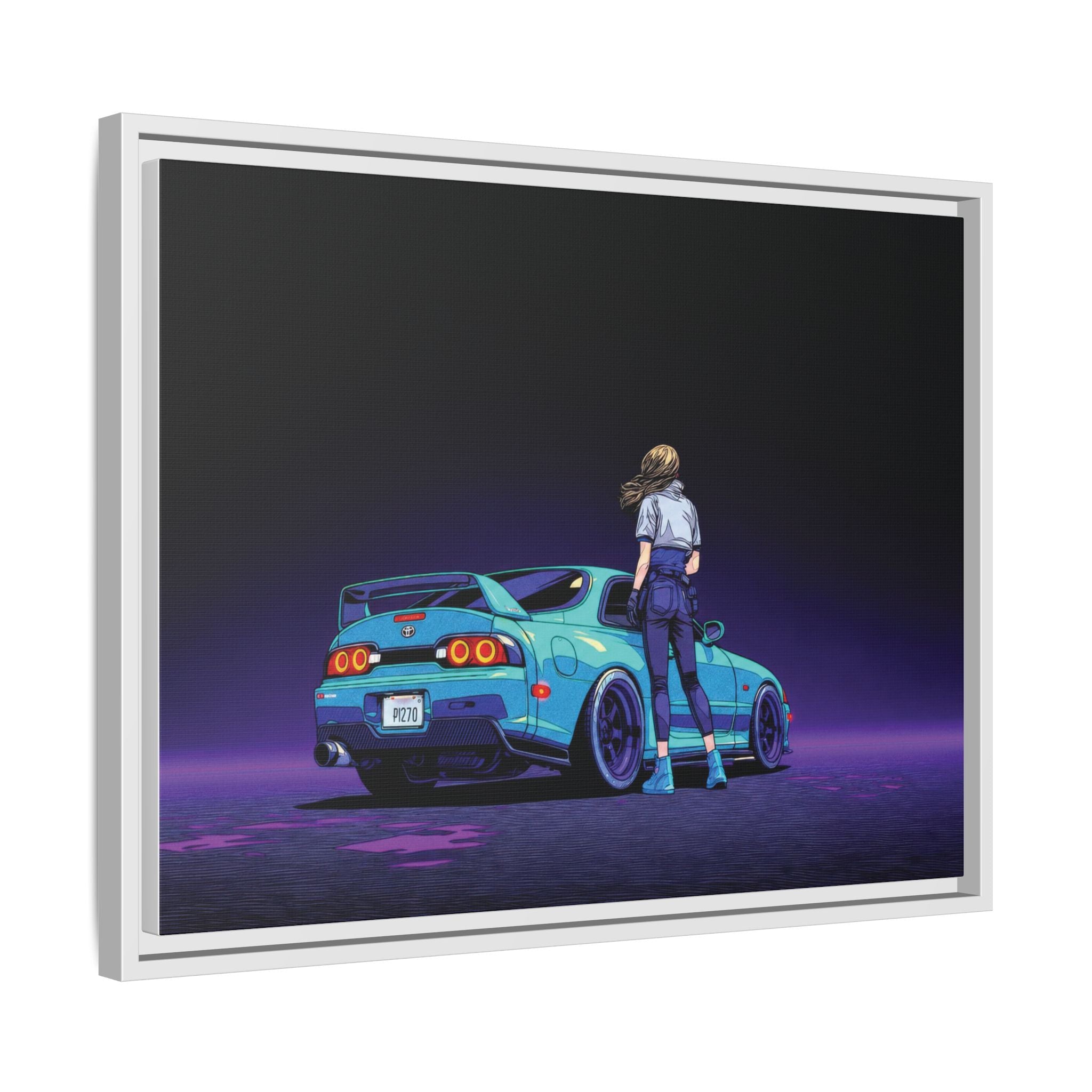 Retro Neon Race Car Poster Matte Canvas Framed | Anime Driver Wall Art