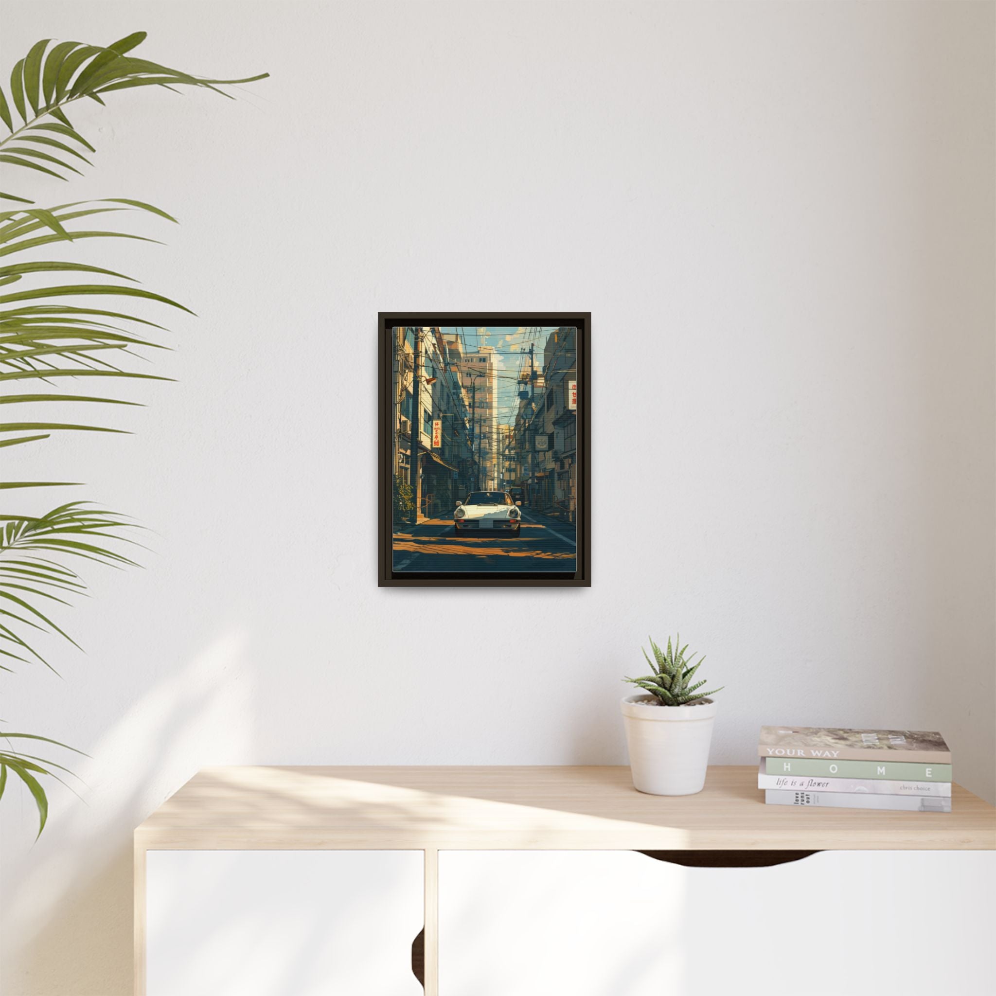Vintage Sports Car Cityscape Framed Canvas Print