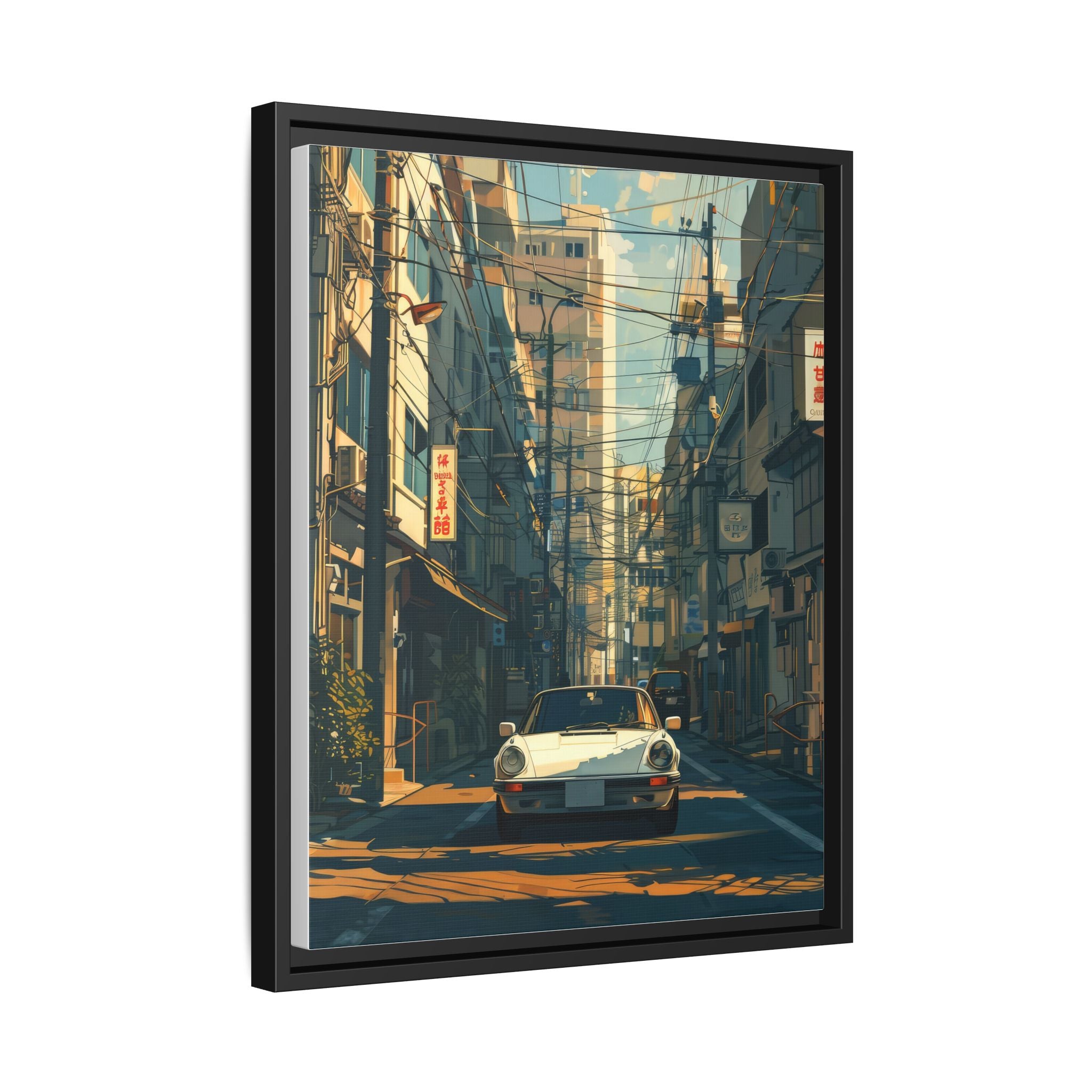 Vintage Sports Car Cityscape Framed Canvas Print