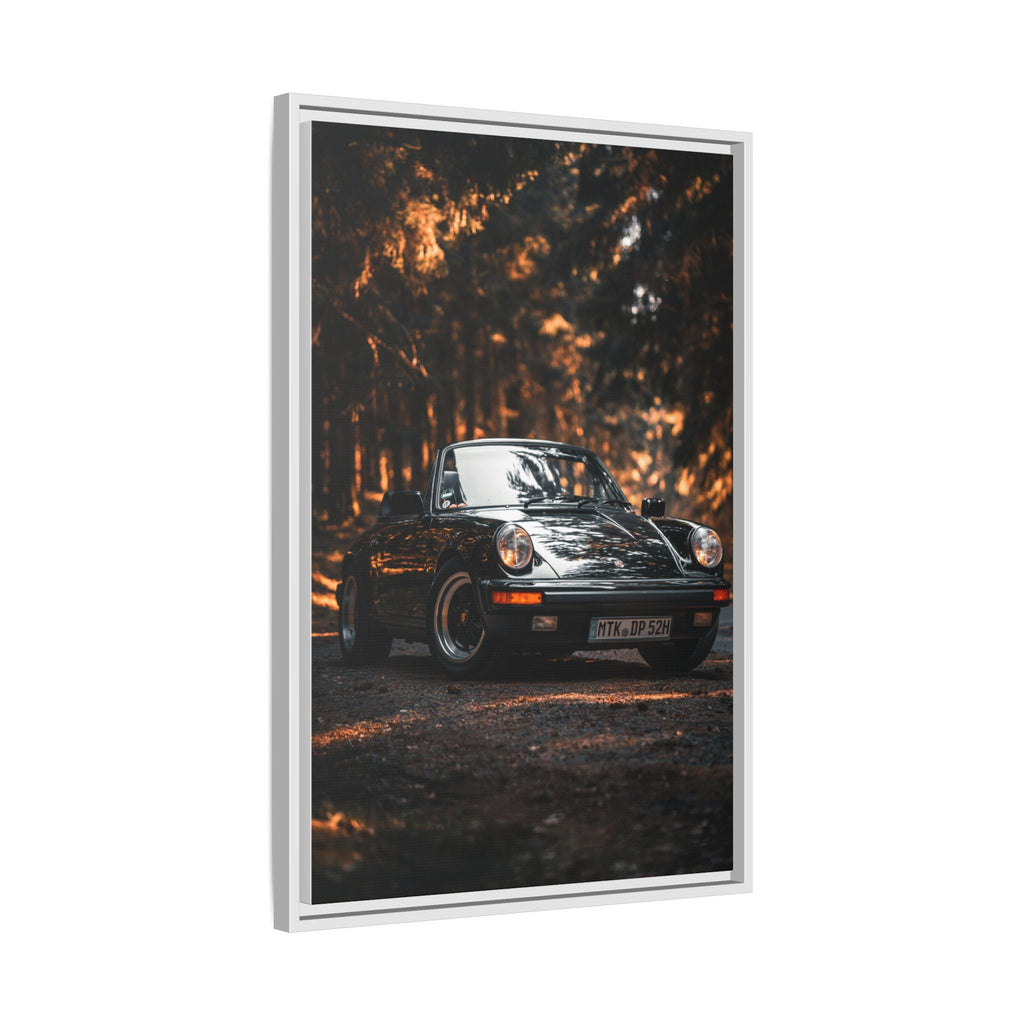 Framed Matte Canvas Print — Vintage Black Porsche in Autumn Forest