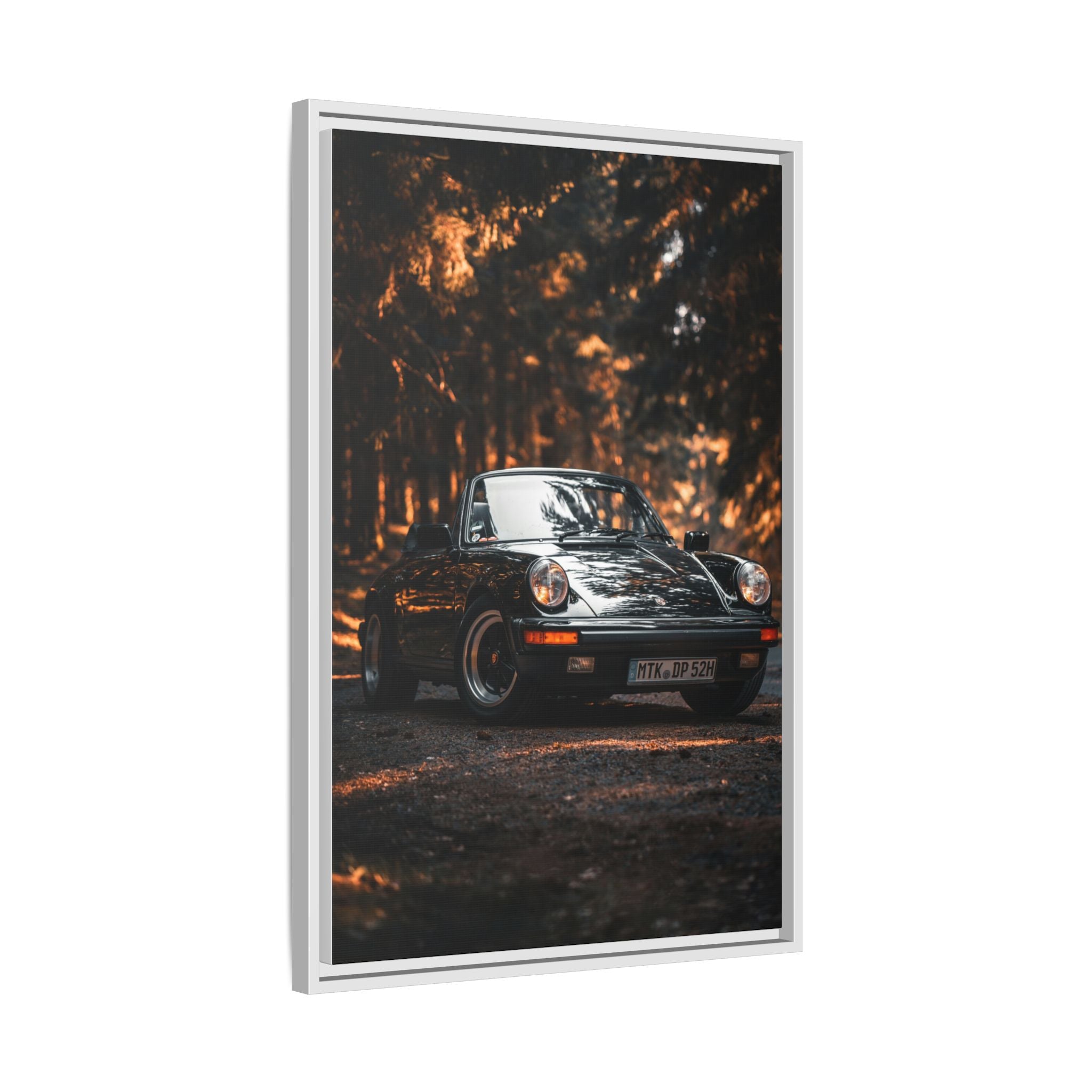 Framed Matte Canvas Print — Vintage Black Porsche in Autumn Forest
