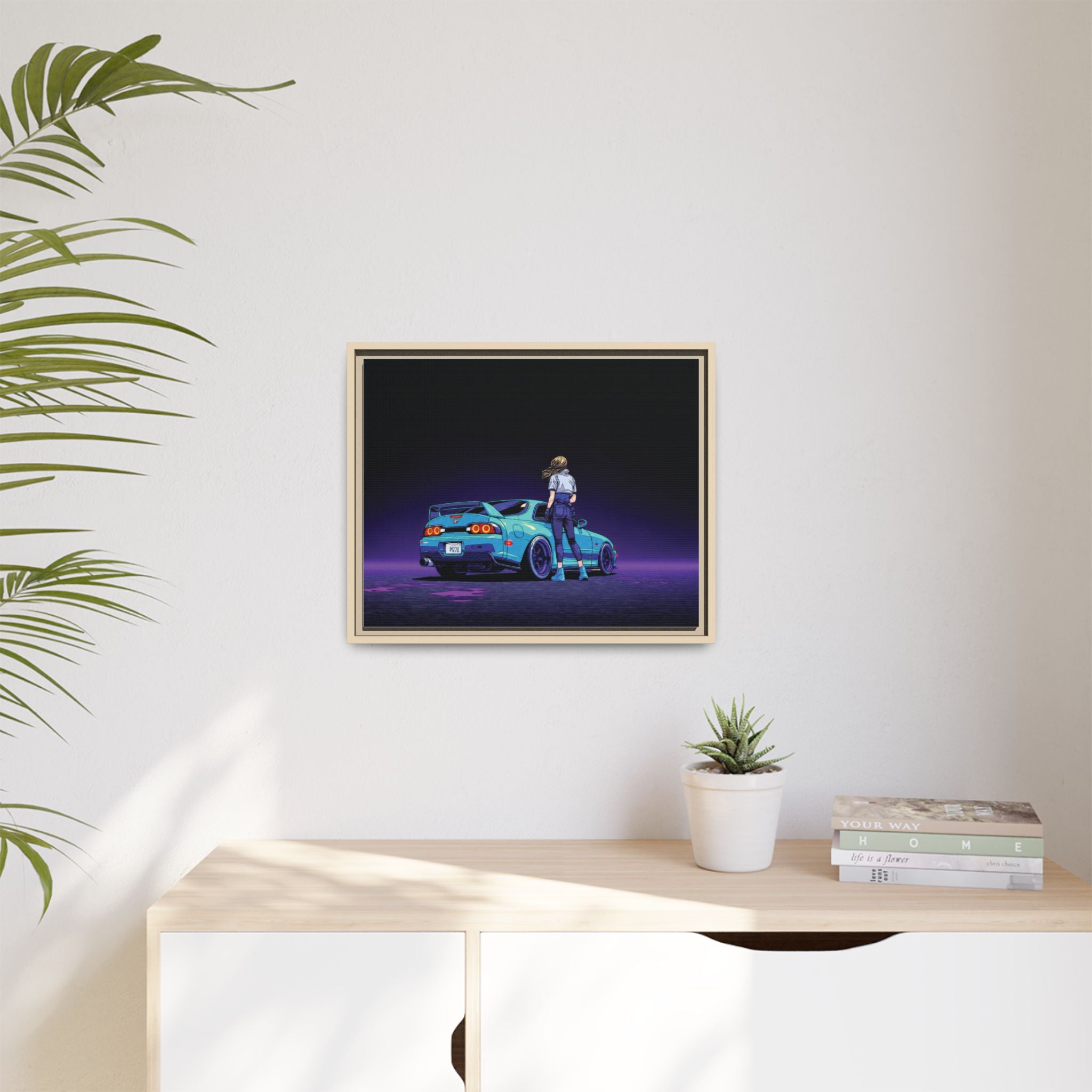 Retro Neon Race Car Poster Matte Canvas Framed | Anime Driver Wall Art