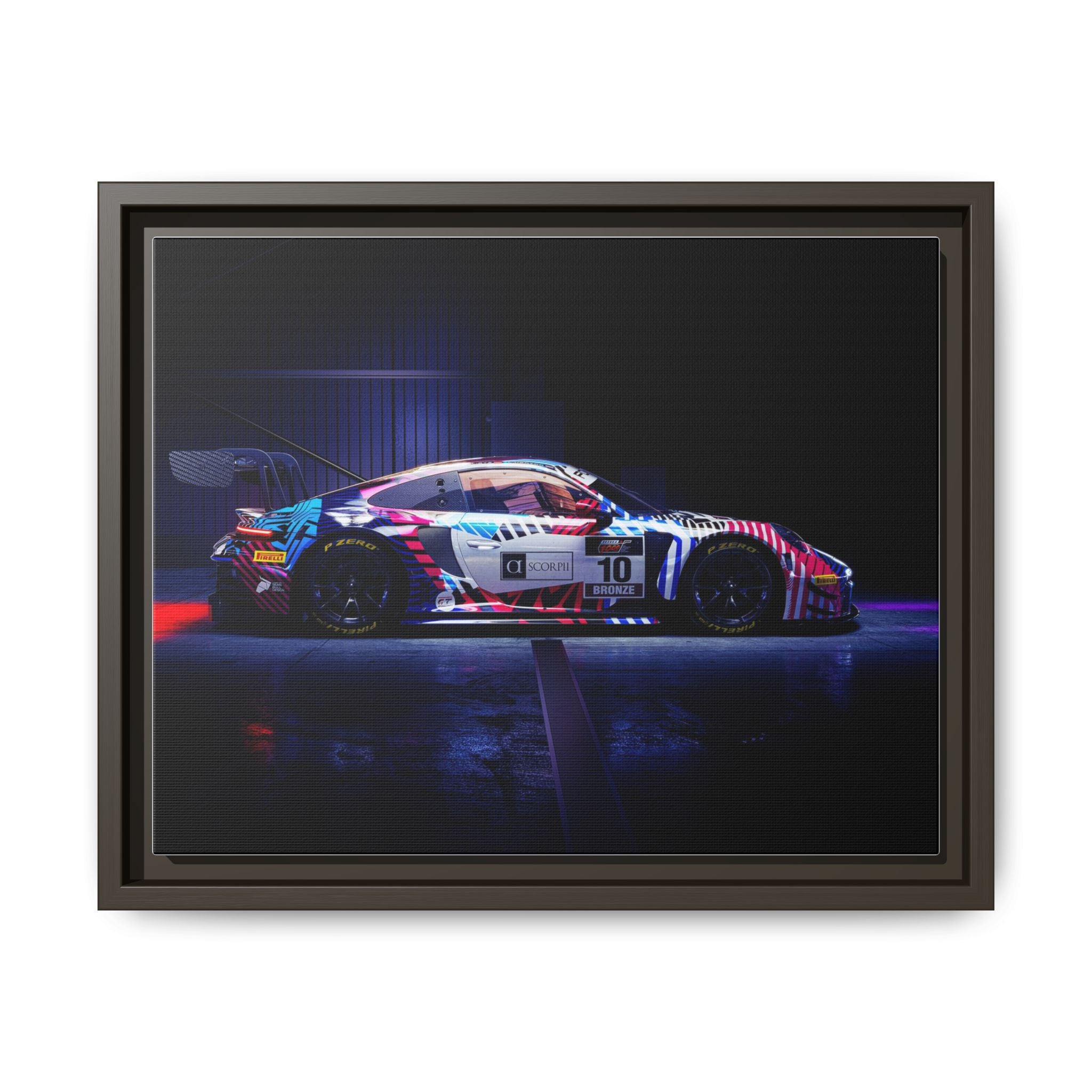 Framed Matte Canvas Print — Neon Racecar Wall Art