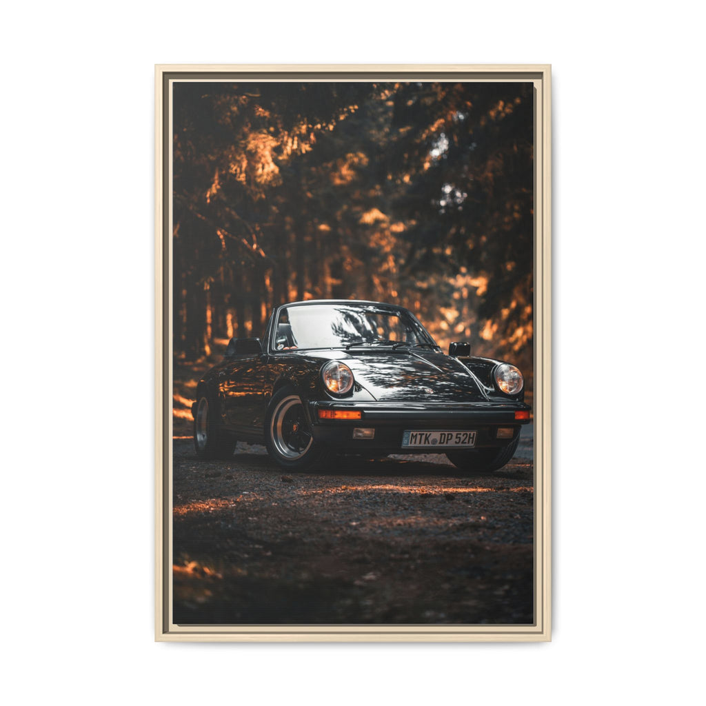 Framed Matte Canvas Print — Vintage Black Porsche in Autumn Forest