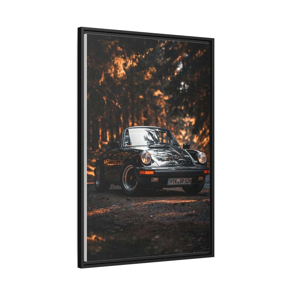 Framed Matte Canvas Print — Vintage Black Porsche in Autumn Forest