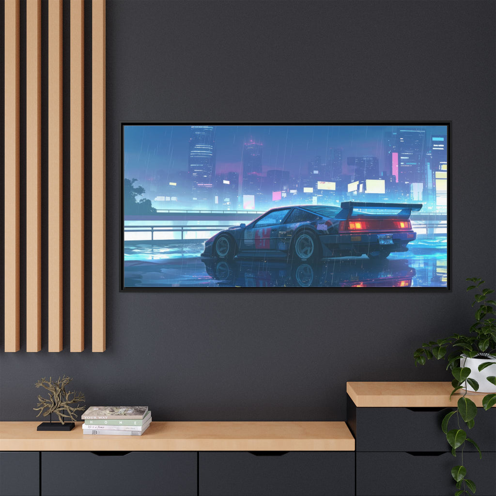 Retro Neon City Car Matte Canvas Print — Framed Wall Art