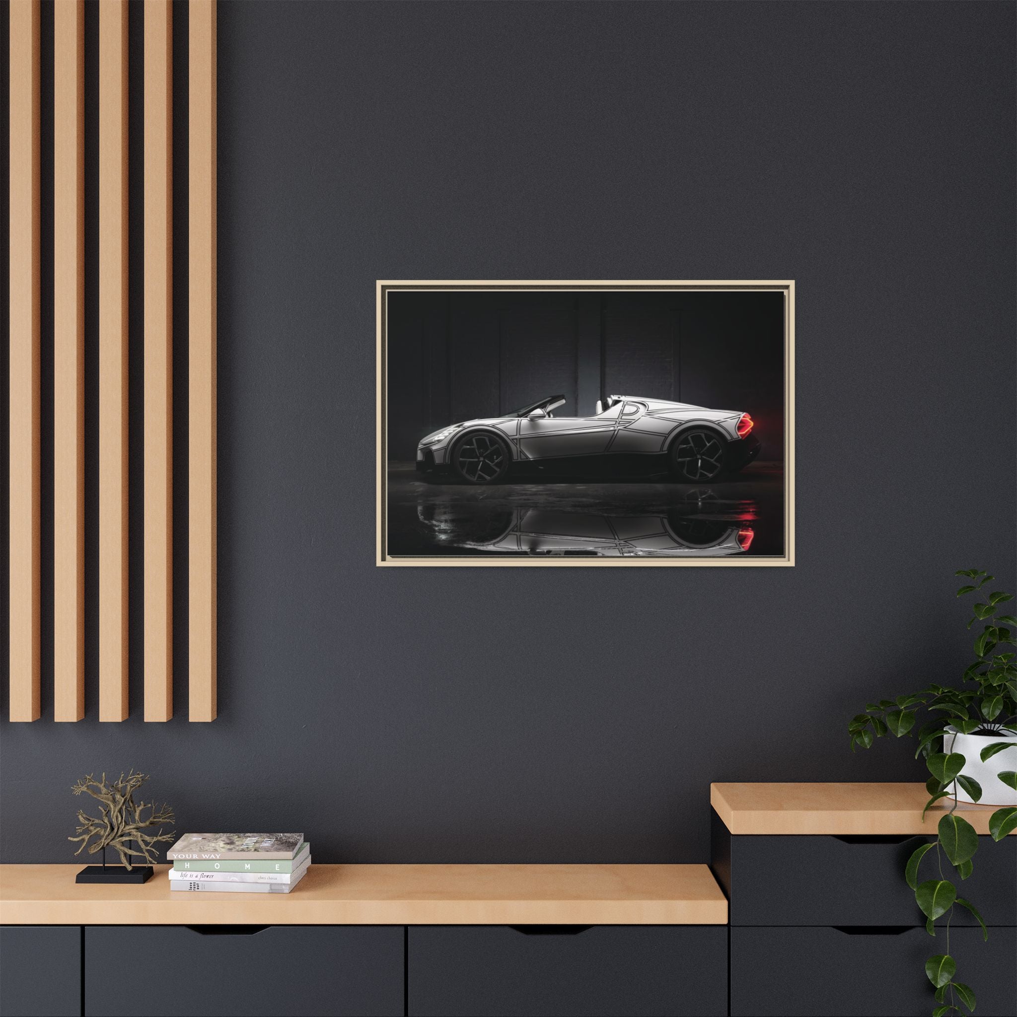 Framed Matte Canvas: Sleek Sports Car Reflection Wall Art