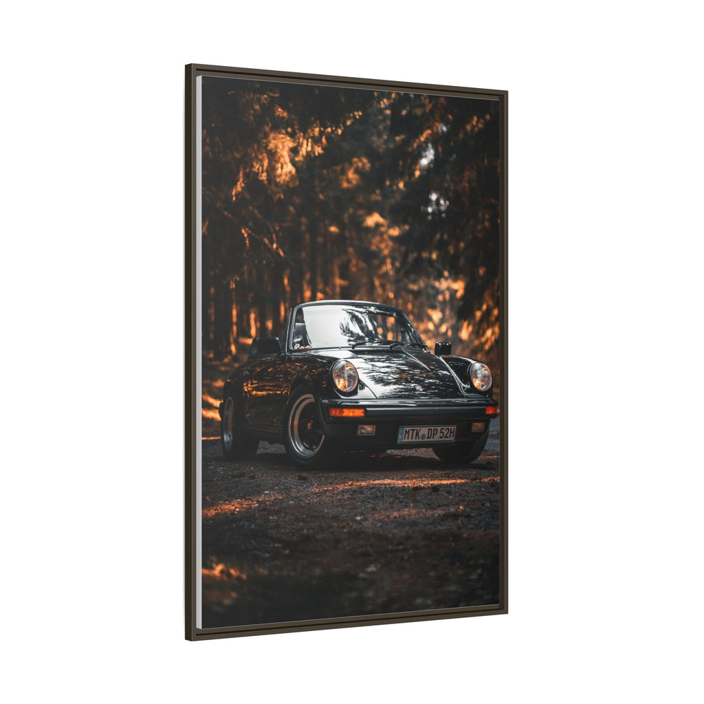 Framed Matte Canvas Print — Vintage Black Porsche in Autumn Forest