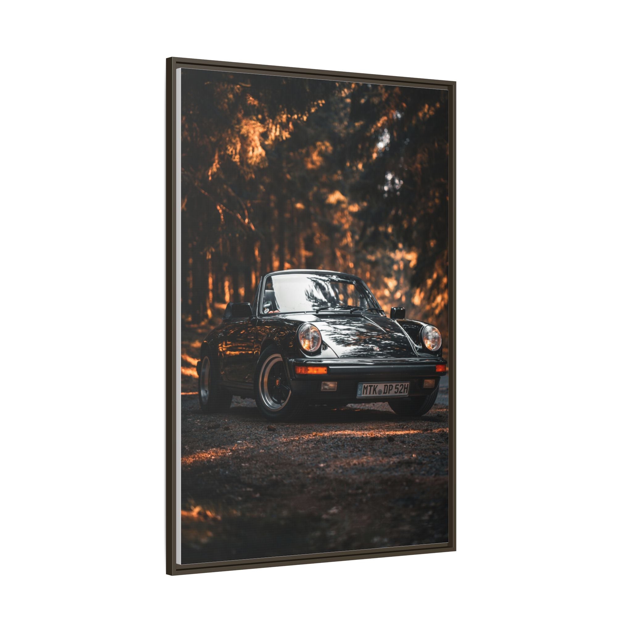 Framed Matte Canvas Print — Vintage Black Porsche in Autumn Forest
