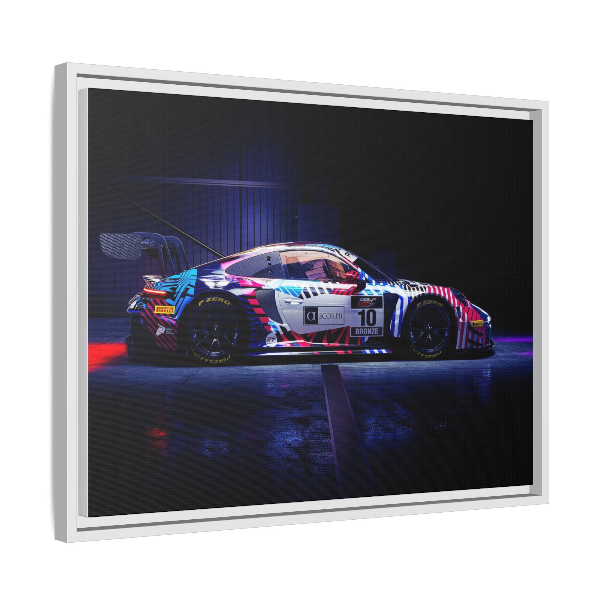 Framed Matte Canvas Print — Neon Racecar Wall Art