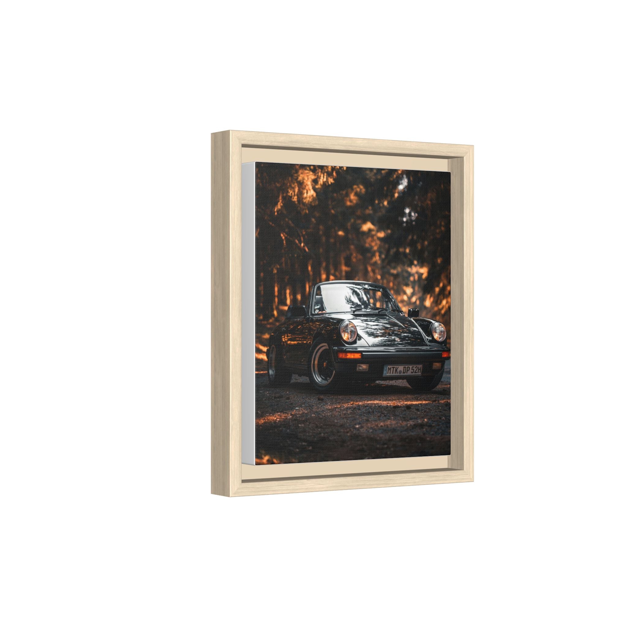 Framed Matte Canvas Print — Vintage Black Porsche in Autumn Forest
