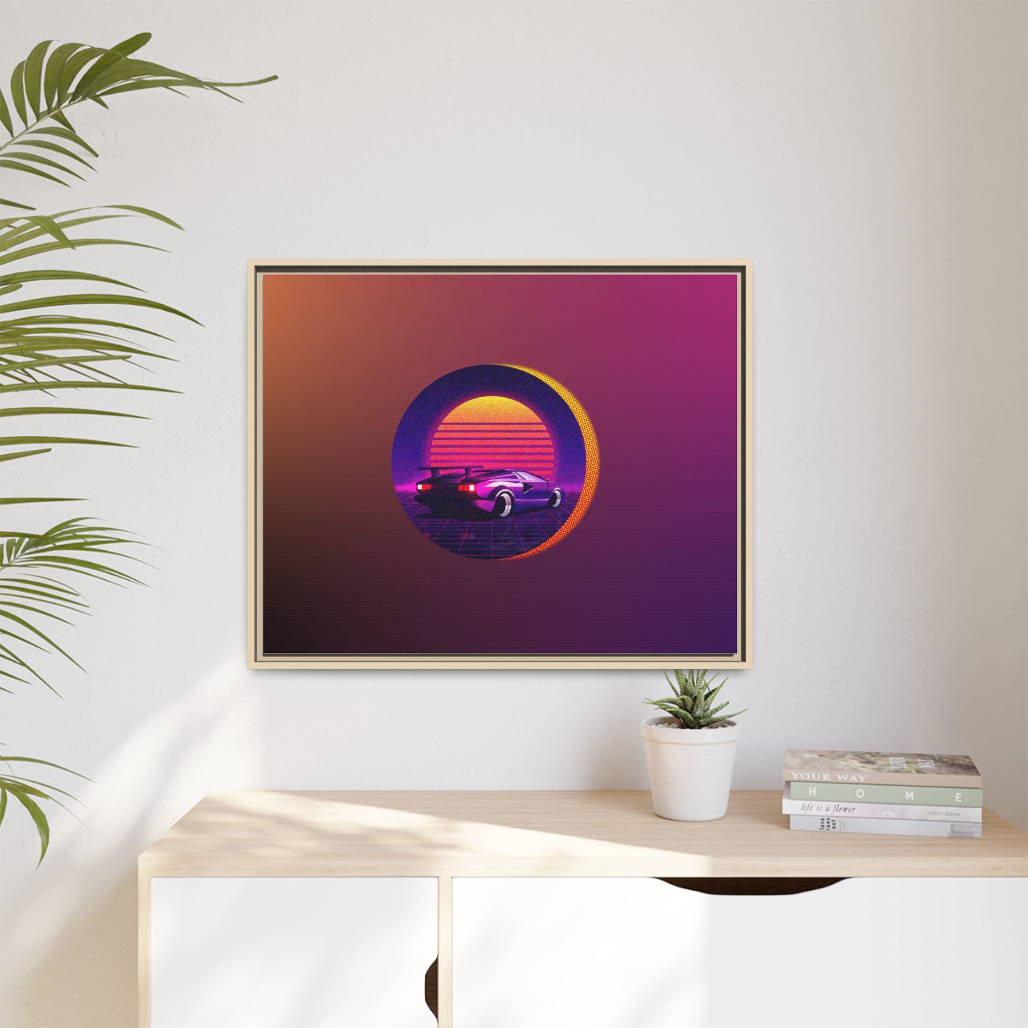 Retro Sunset Sports Car Matte Canvas Framed Wall Art