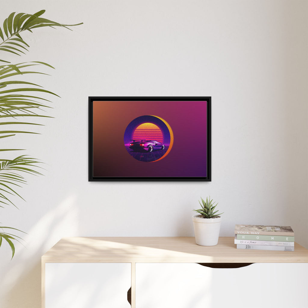Retro Sunset Sports Car Matte Canvas Framed Wall Art