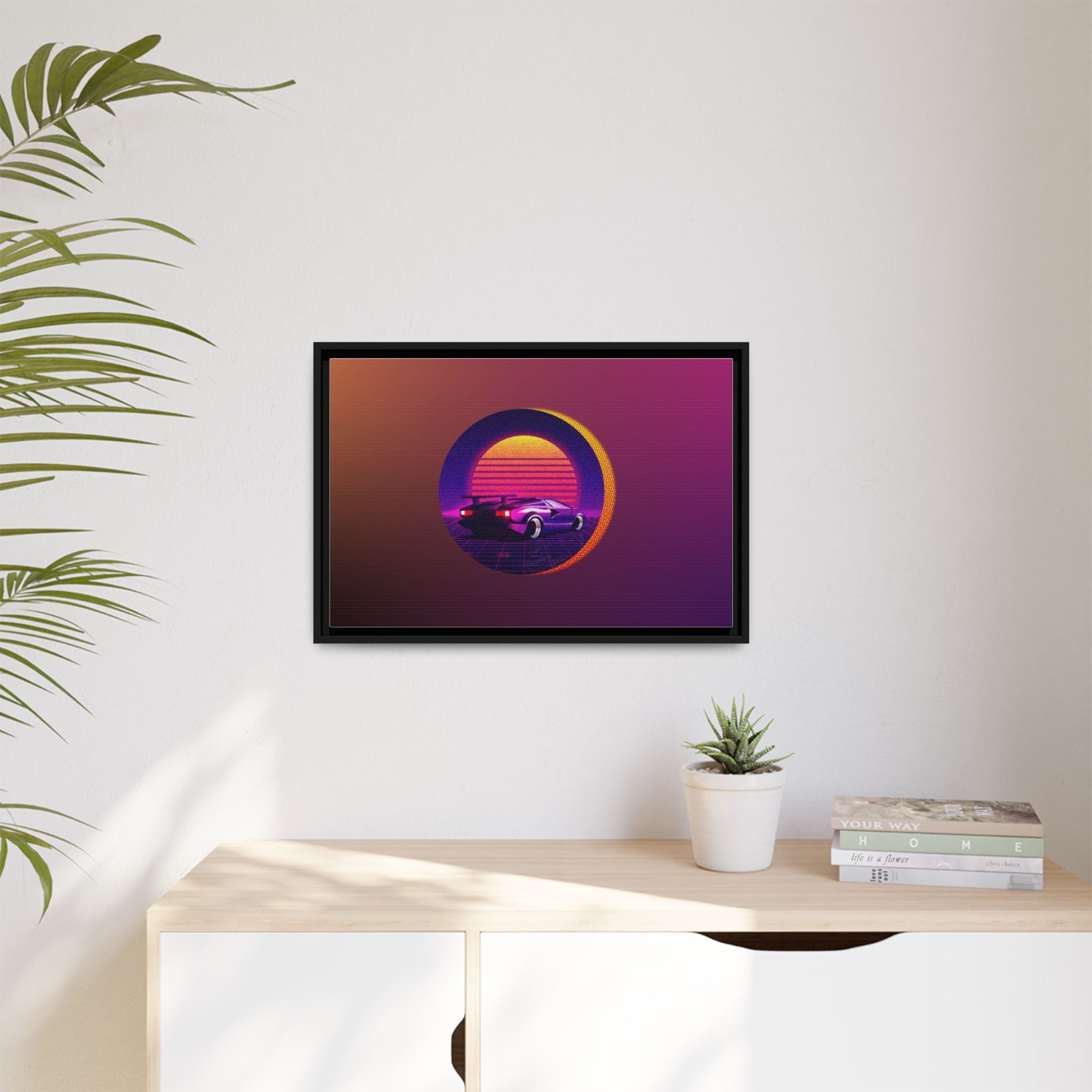 Retro Sunset Sports Car Matte Canvas Framed Wall Art