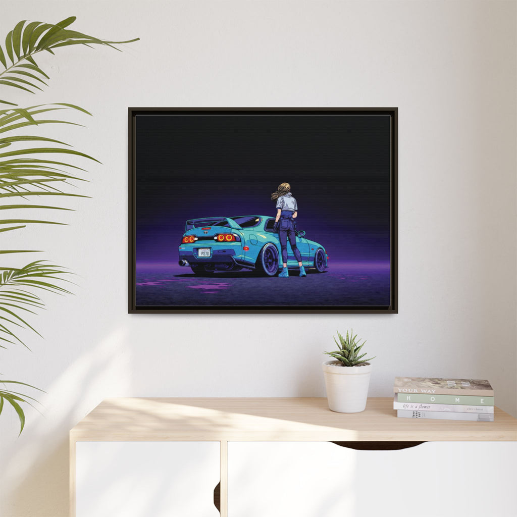 Retro Neon Race Car Poster Matte Canvas Framed | Anime Driver Wall Art