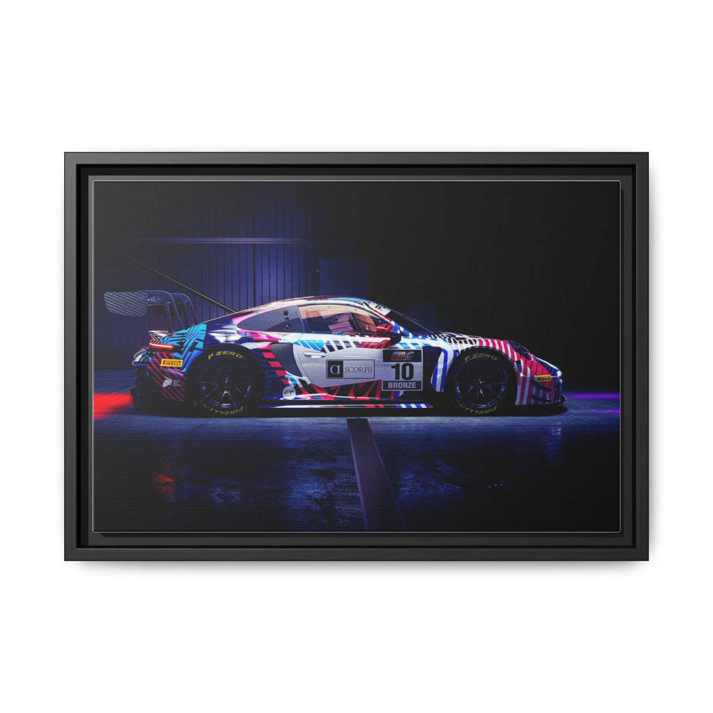 Framed Matte Canvas Print — Neon Racecar Wall Art