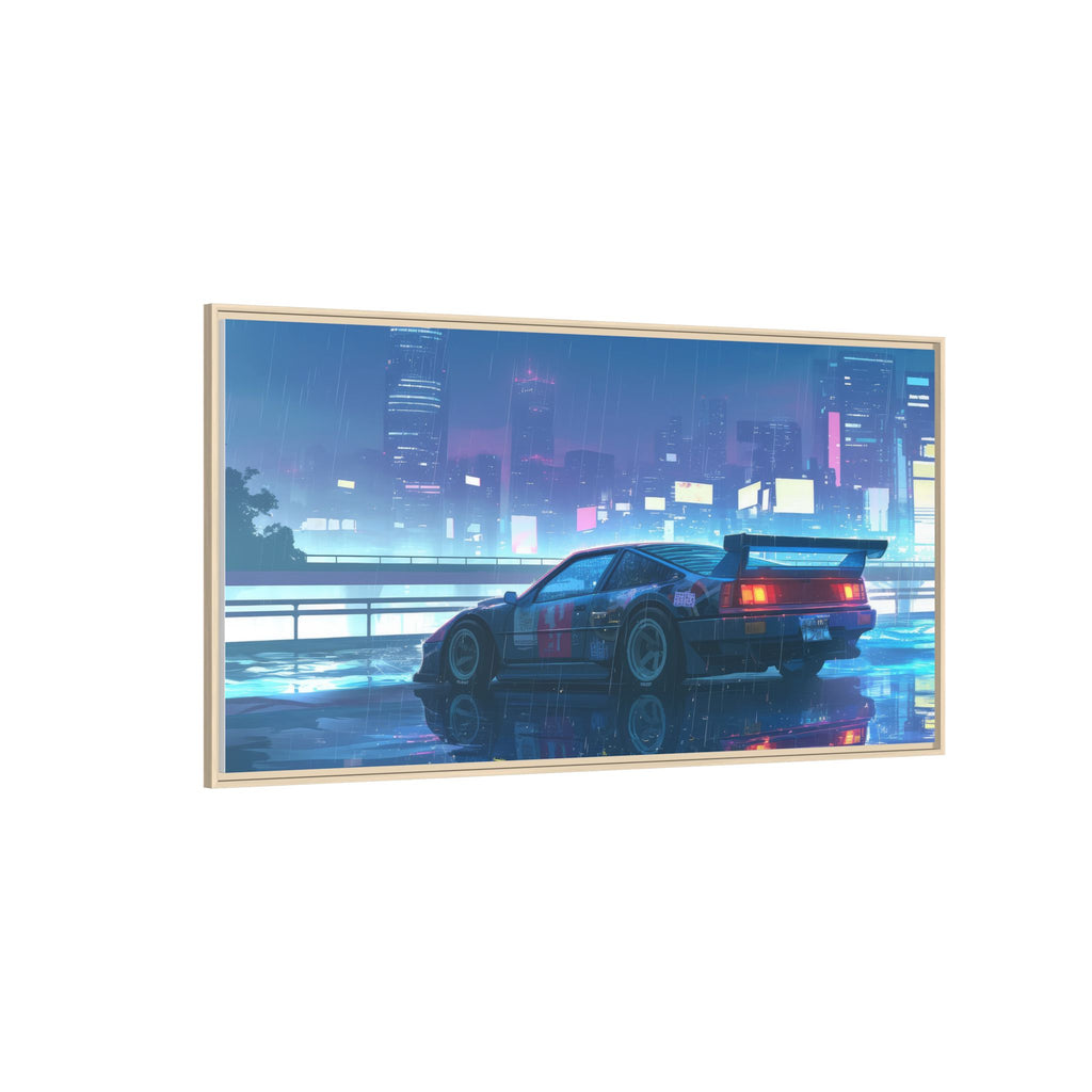 Retro Neon City Car Matte Canvas Print — Framed Wall Art