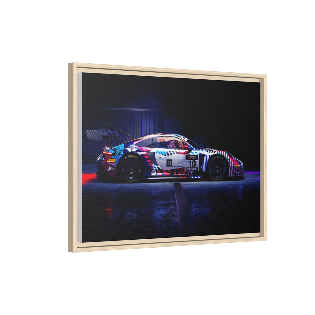 Framed Matte Canvas Print — Neon Racecar Wall Art