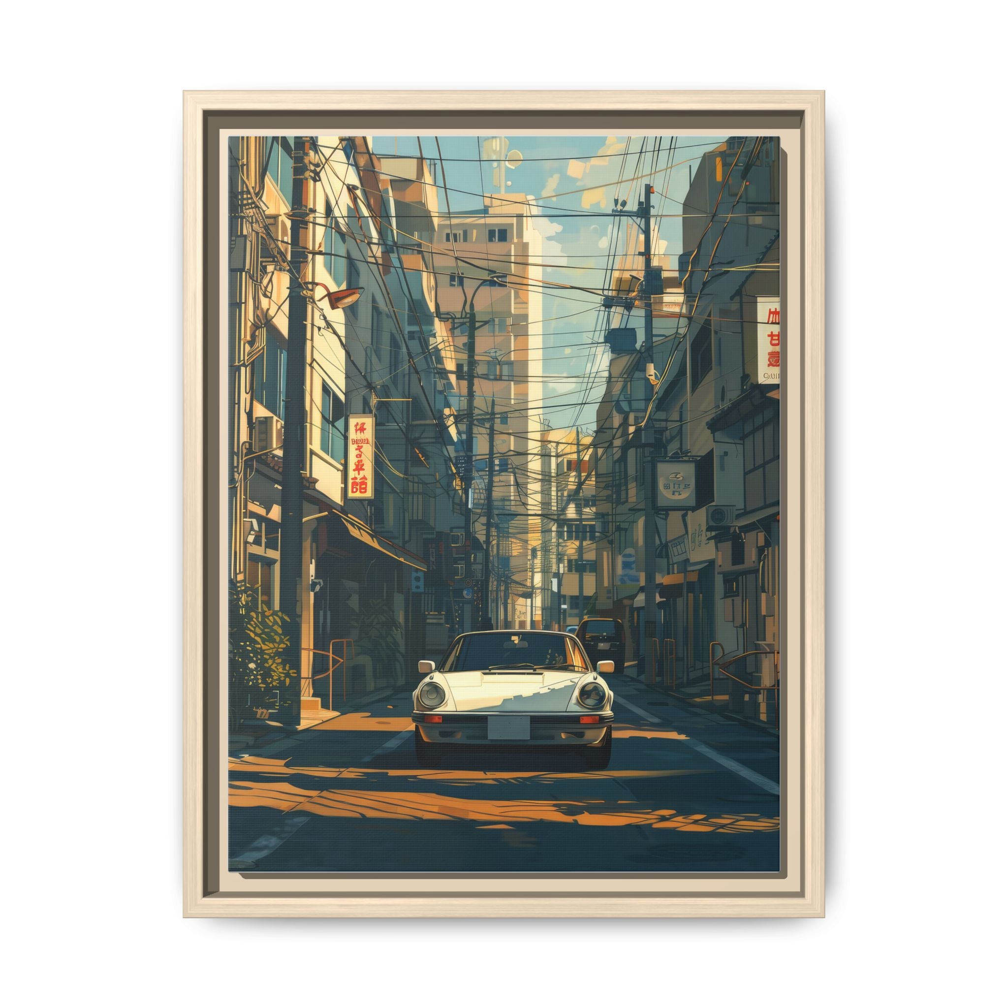 Vintage Sports Car Cityscape Framed Canvas Print