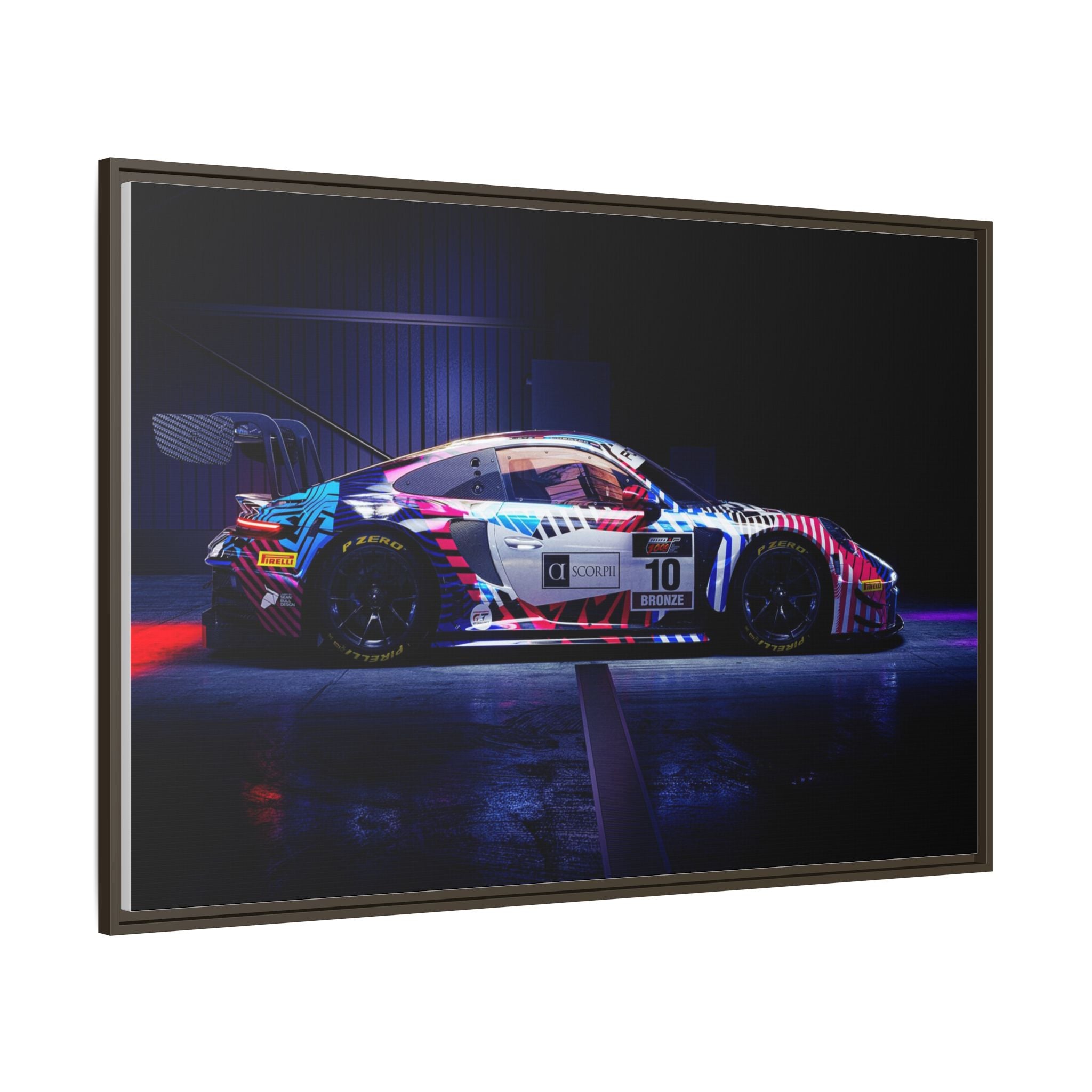 Framed Matte Canvas Print — Neon Racecar Wall Art