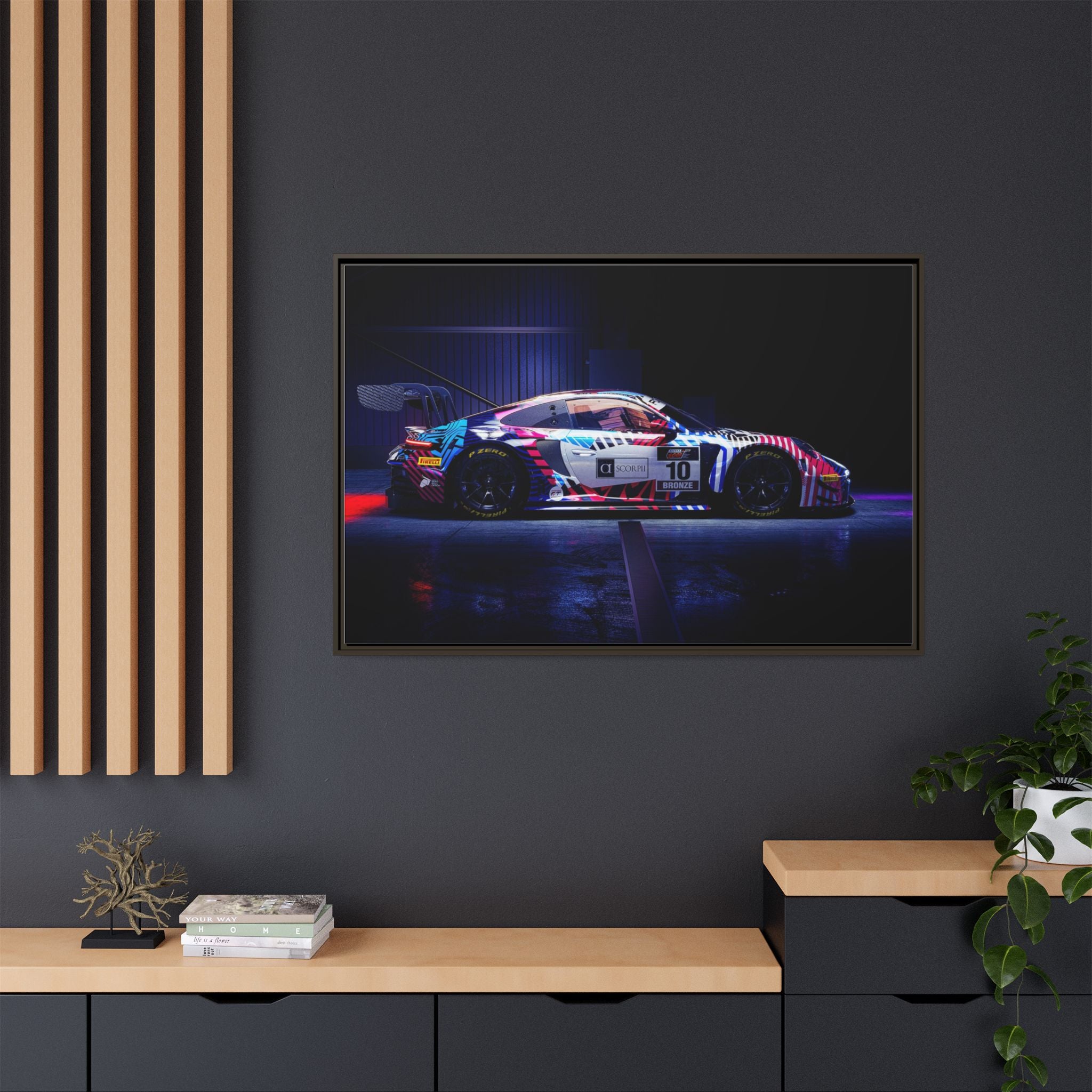 Framed Matte Canvas Print — Neon Racecar Wall Art