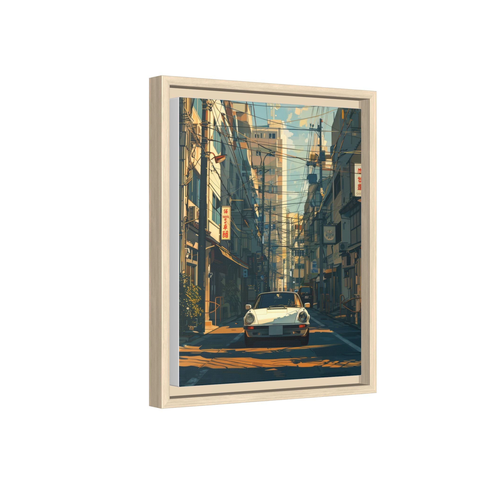 Vintage Sports Car Cityscape Framed Canvas Print