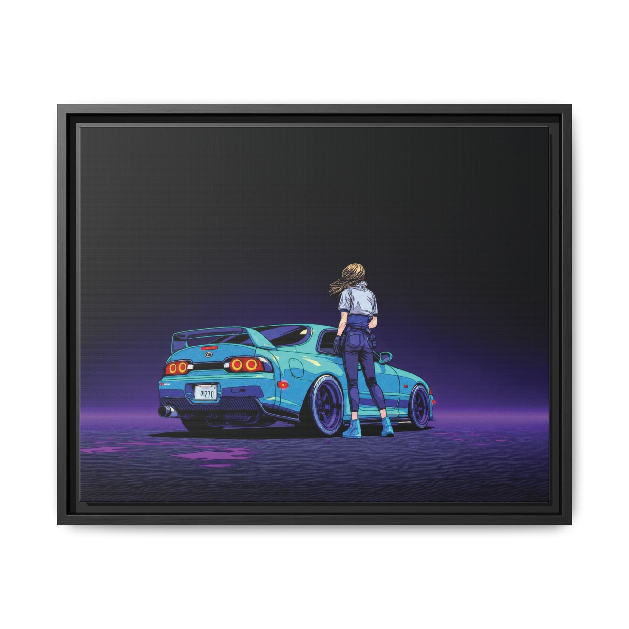Retro Neon Race Car Poster Matte Canvas Framed | Anime Driver Wall Art
