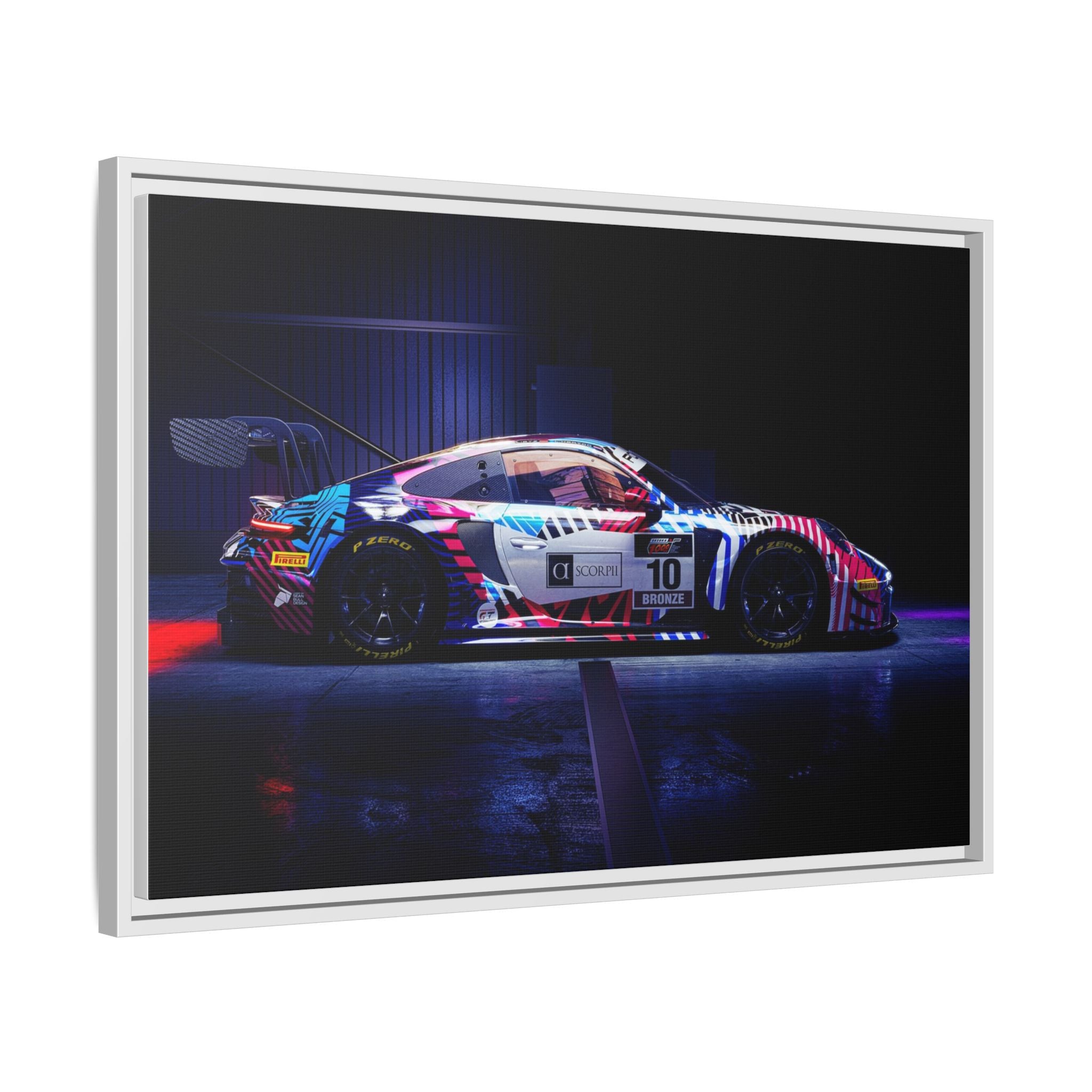 Framed Matte Canvas Print — Neon Racecar Wall Art