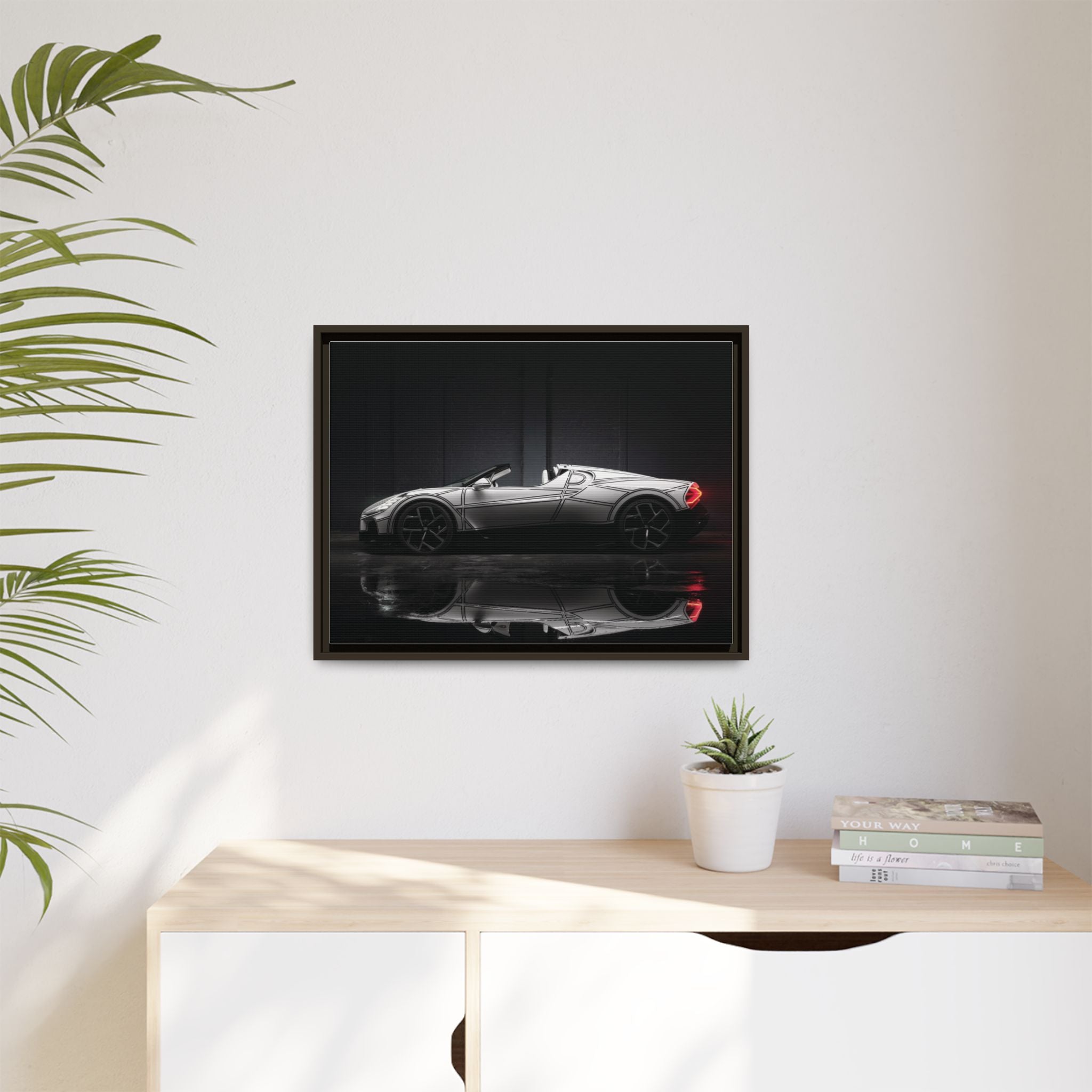 Framed Matte Canvas: Sleek Sports Car Reflection Wall Art