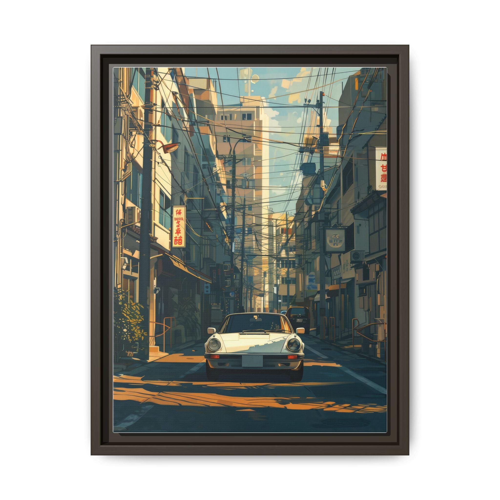 Vintage Sports Car Cityscape Framed Canvas Print