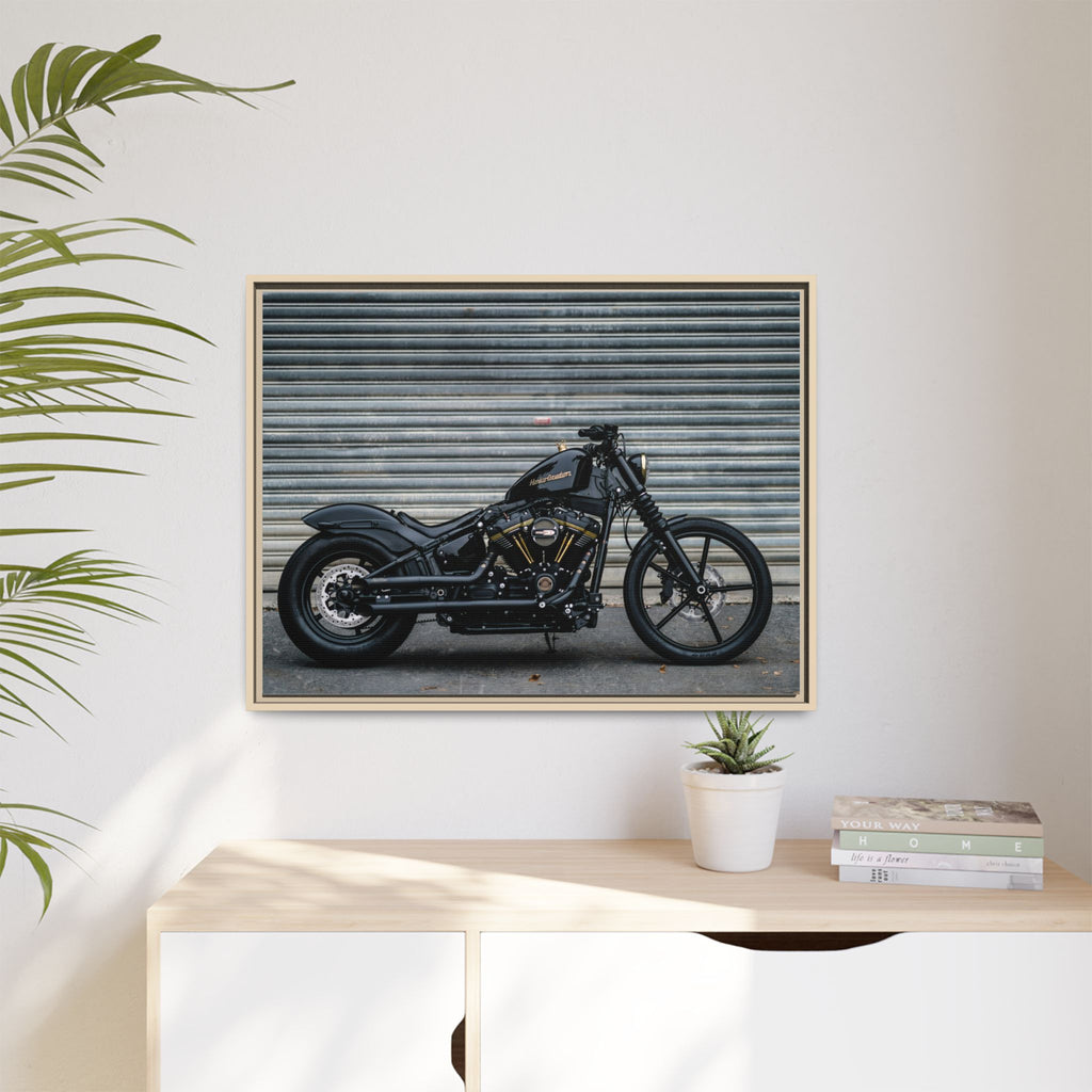 Framed Matte Canvas Motorcycle Print — Black Bobber Wall Art