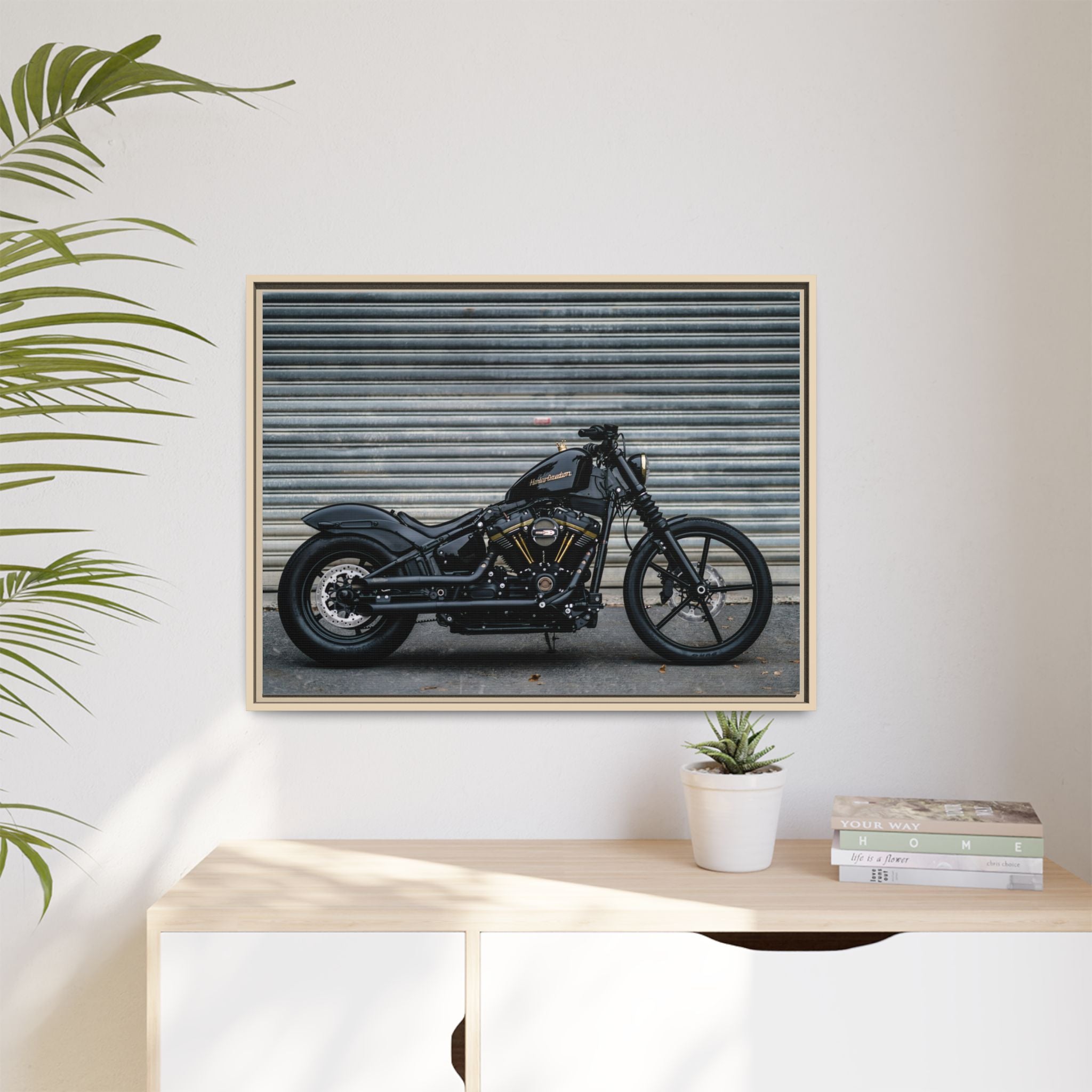 Framed Matte Canvas Motorcycle Print — Black Bobber Wall Art
