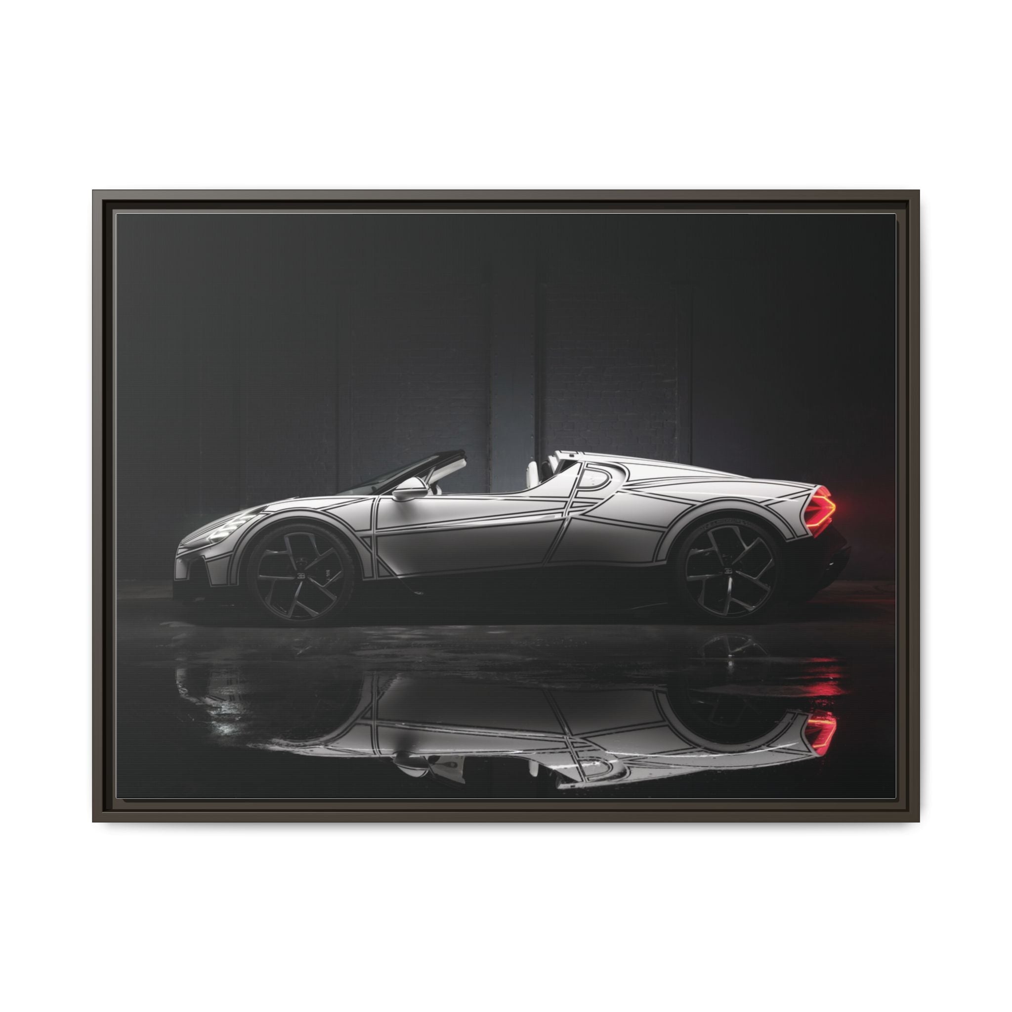 Framed Matte Canvas: Sleek Sports Car Reflection Wall Art