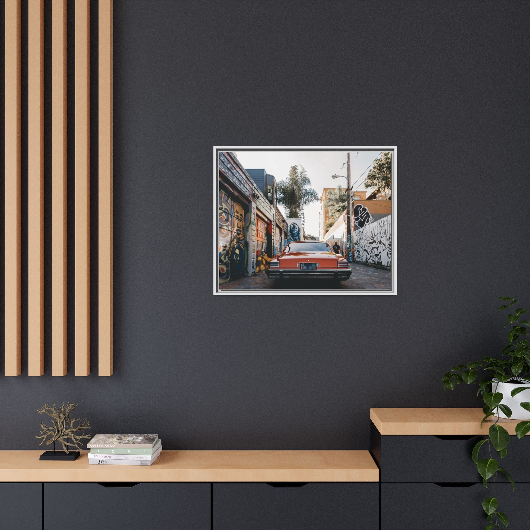 Vintage Chevrolet in Graffiti Alley — Framed Matte Canvas Wall Art