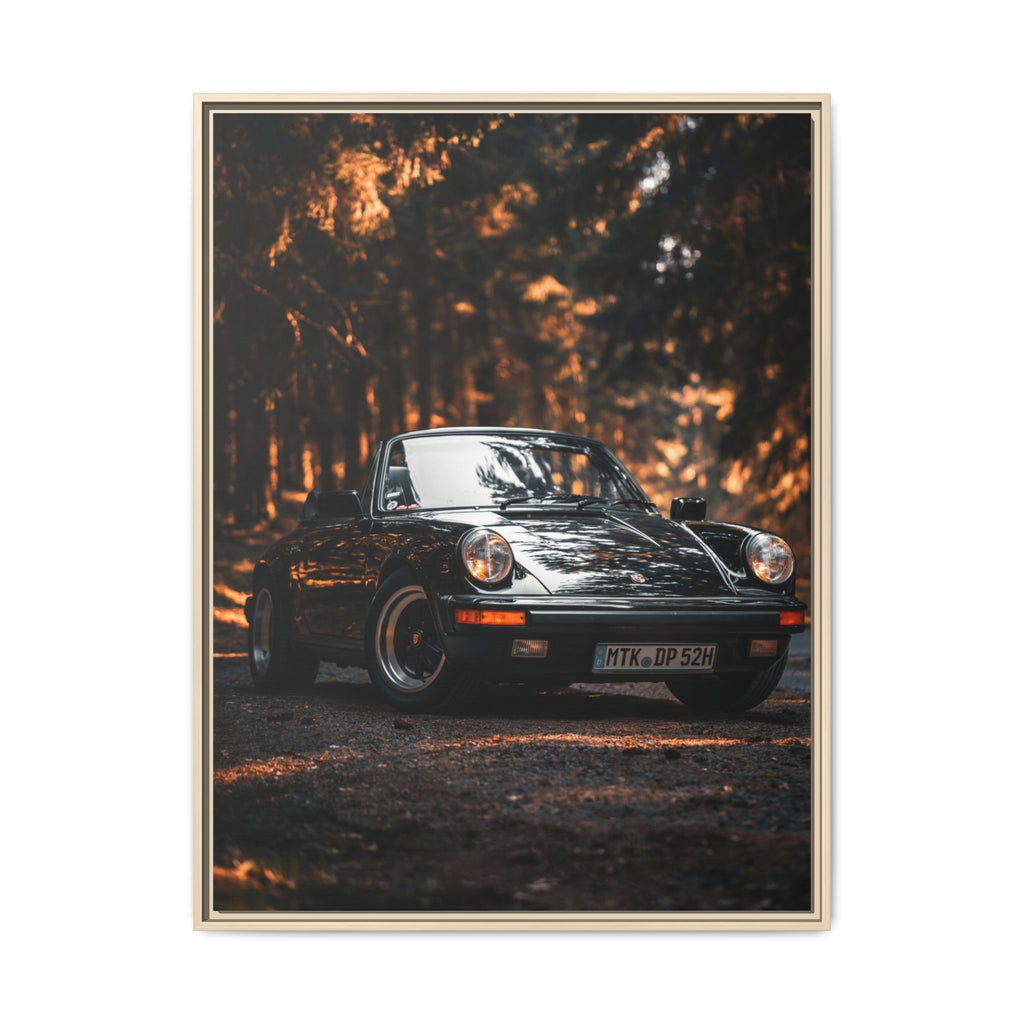 Framed Matte Canvas Print — Vintage Black Porsche in Autumn Forest