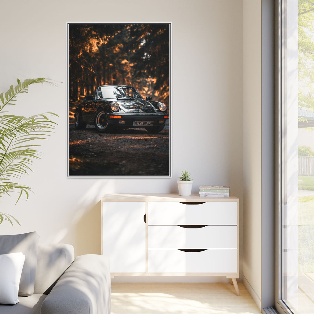 Framed Matte Canvas Print — Vintage Black Porsche in Autumn Forest