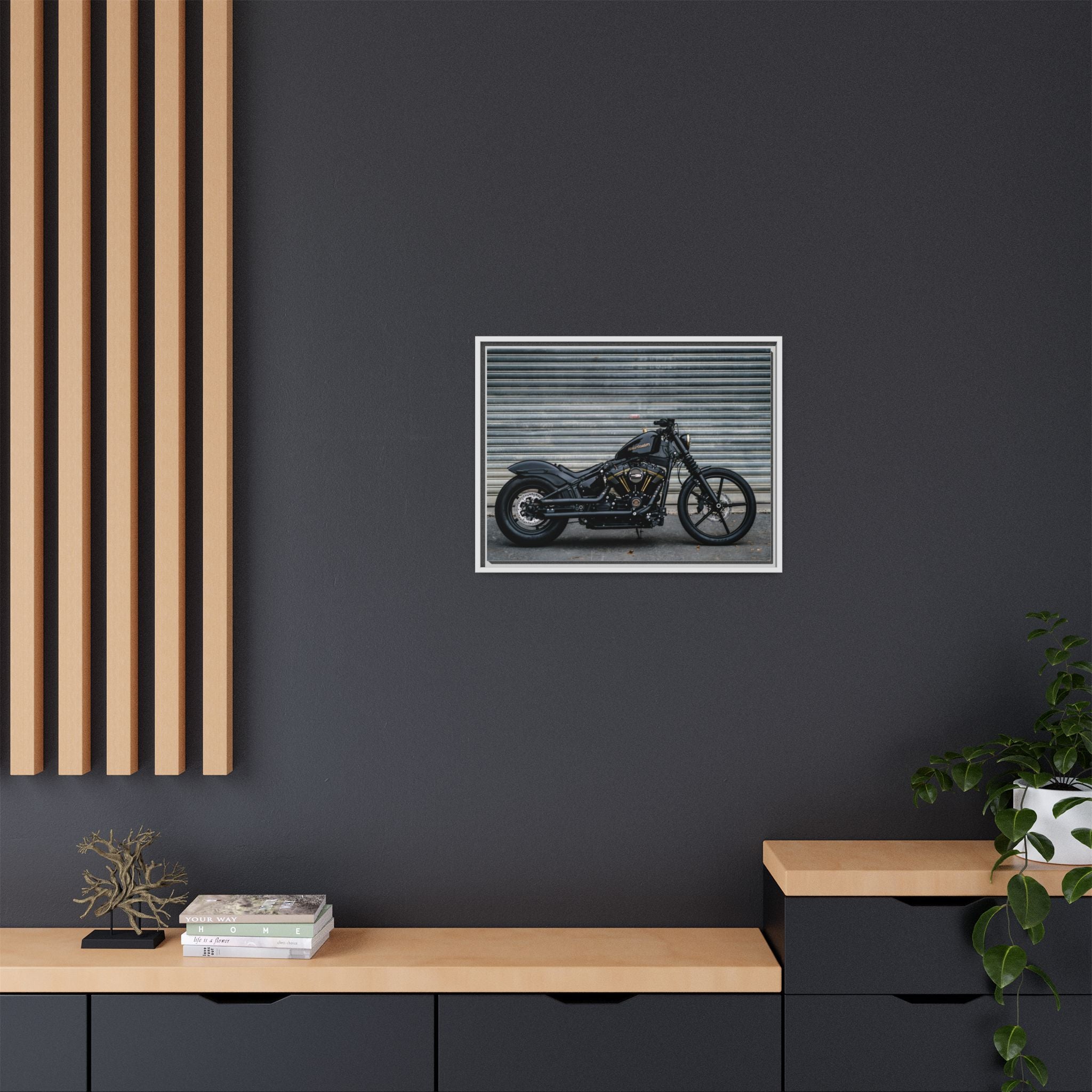 Framed Matte Canvas Motorcycle Print — Black Bobber Wall Art