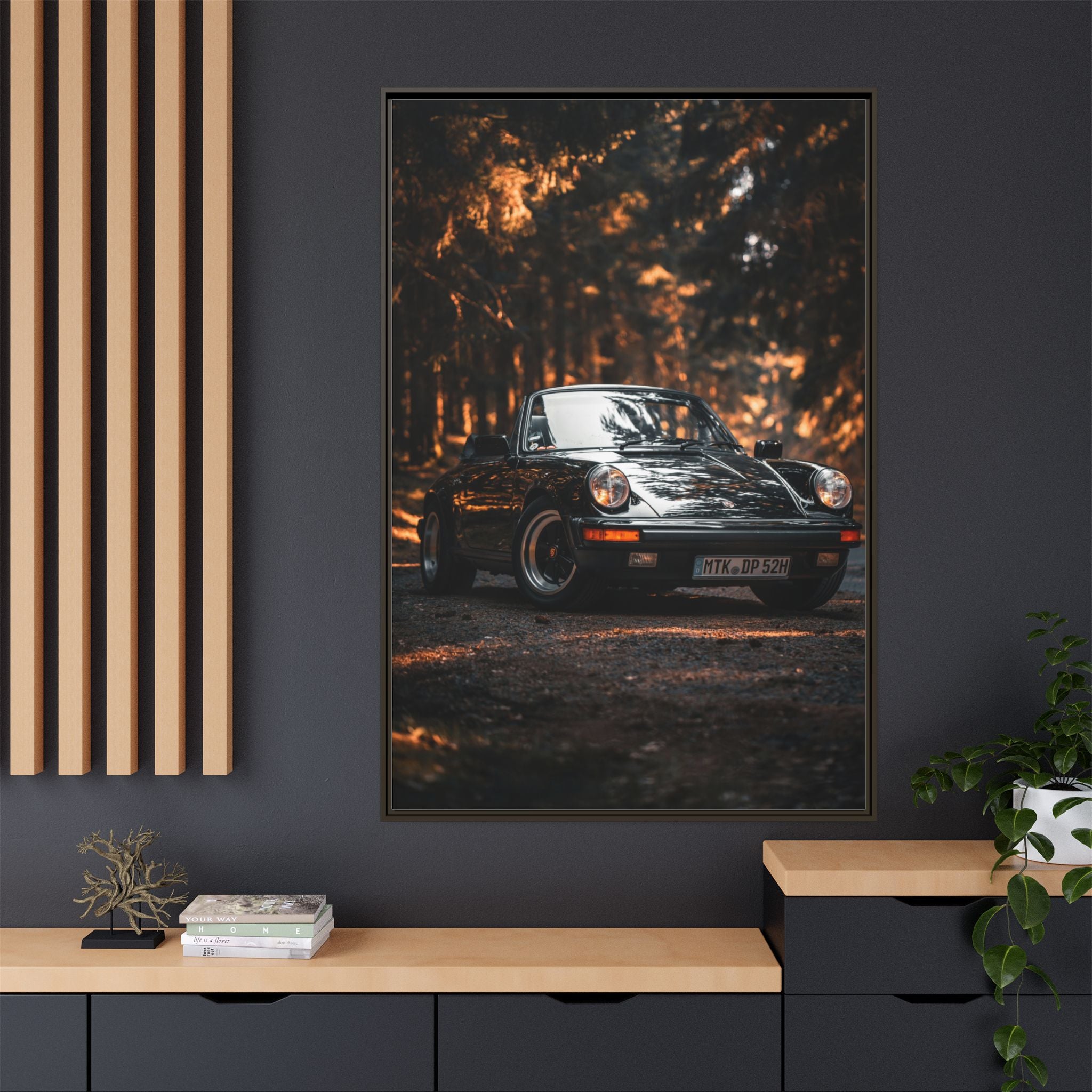 Framed Matte Canvas Print — Vintage Black Porsche in Autumn Forest