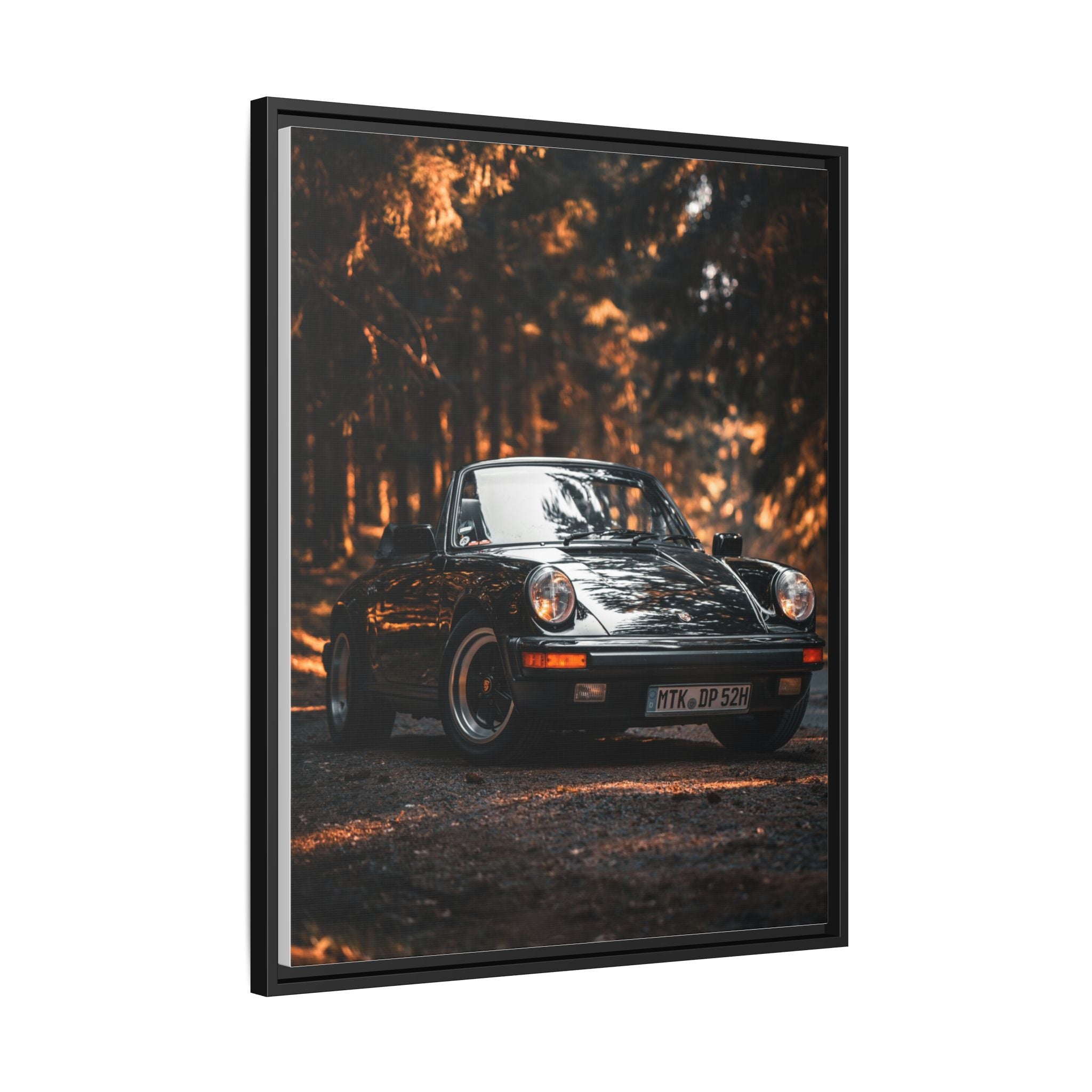 Framed Matte Canvas Print — Vintage Black Porsche in Autumn Forest