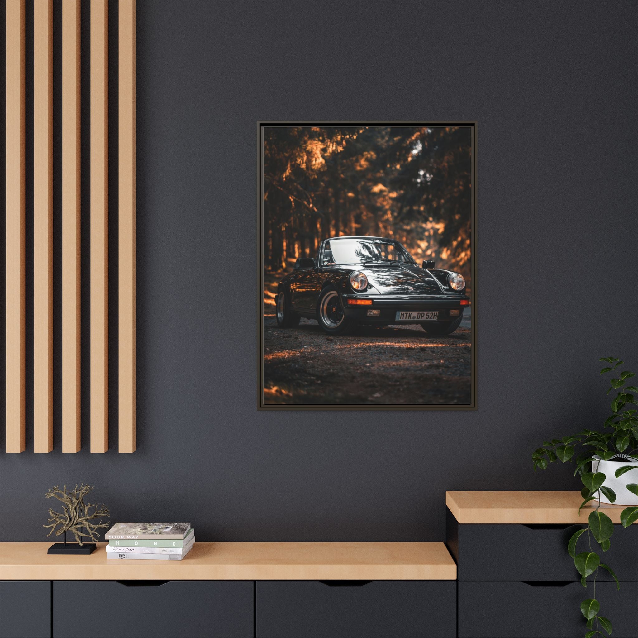 Framed Matte Canvas Print — Vintage Black Porsche in Autumn Forest
