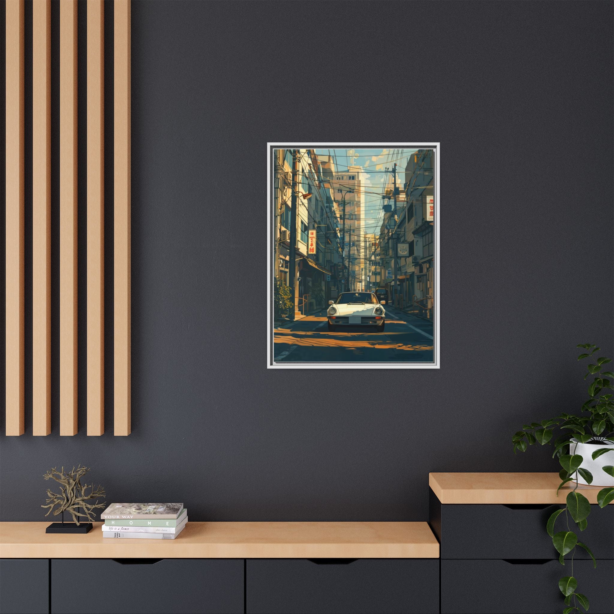 Vintage Sports Car Cityscape Framed Canvas Print