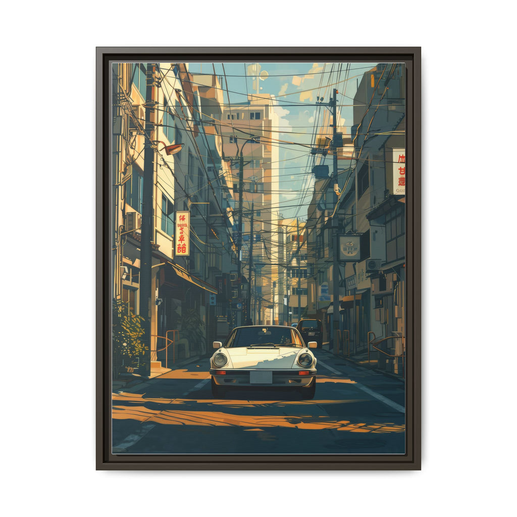 Vintage Sports Car Cityscape Framed Canvas Print
