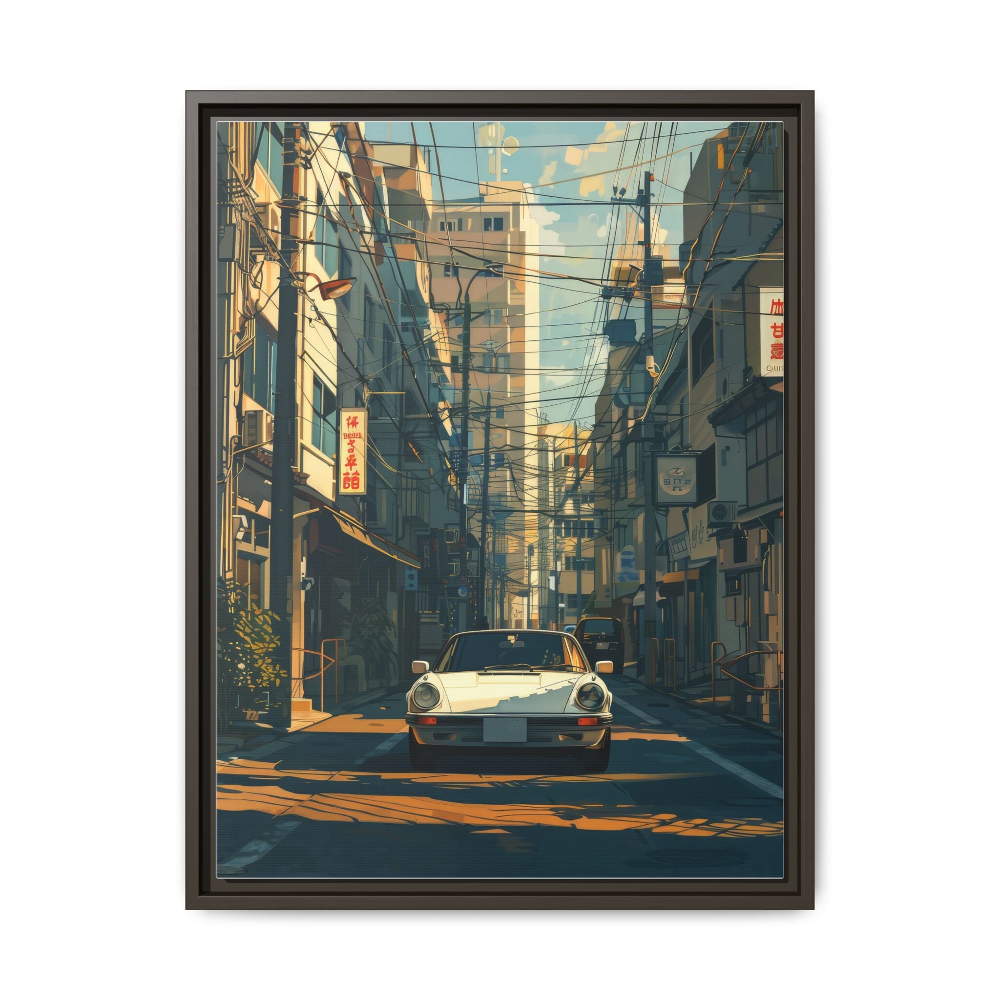 Vintage Sports Car Cityscape Framed Canvas Print