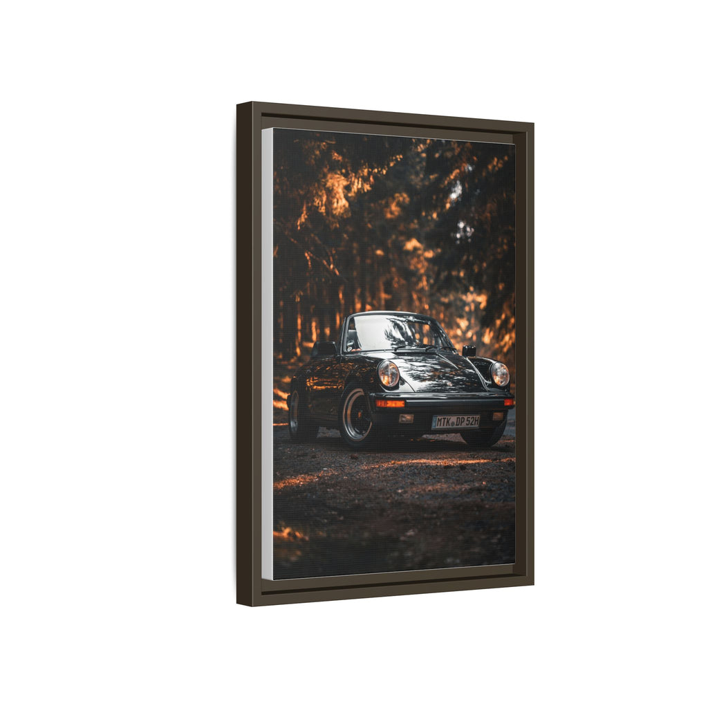 Framed Matte Canvas Print — Vintage Black Porsche in Autumn Forest