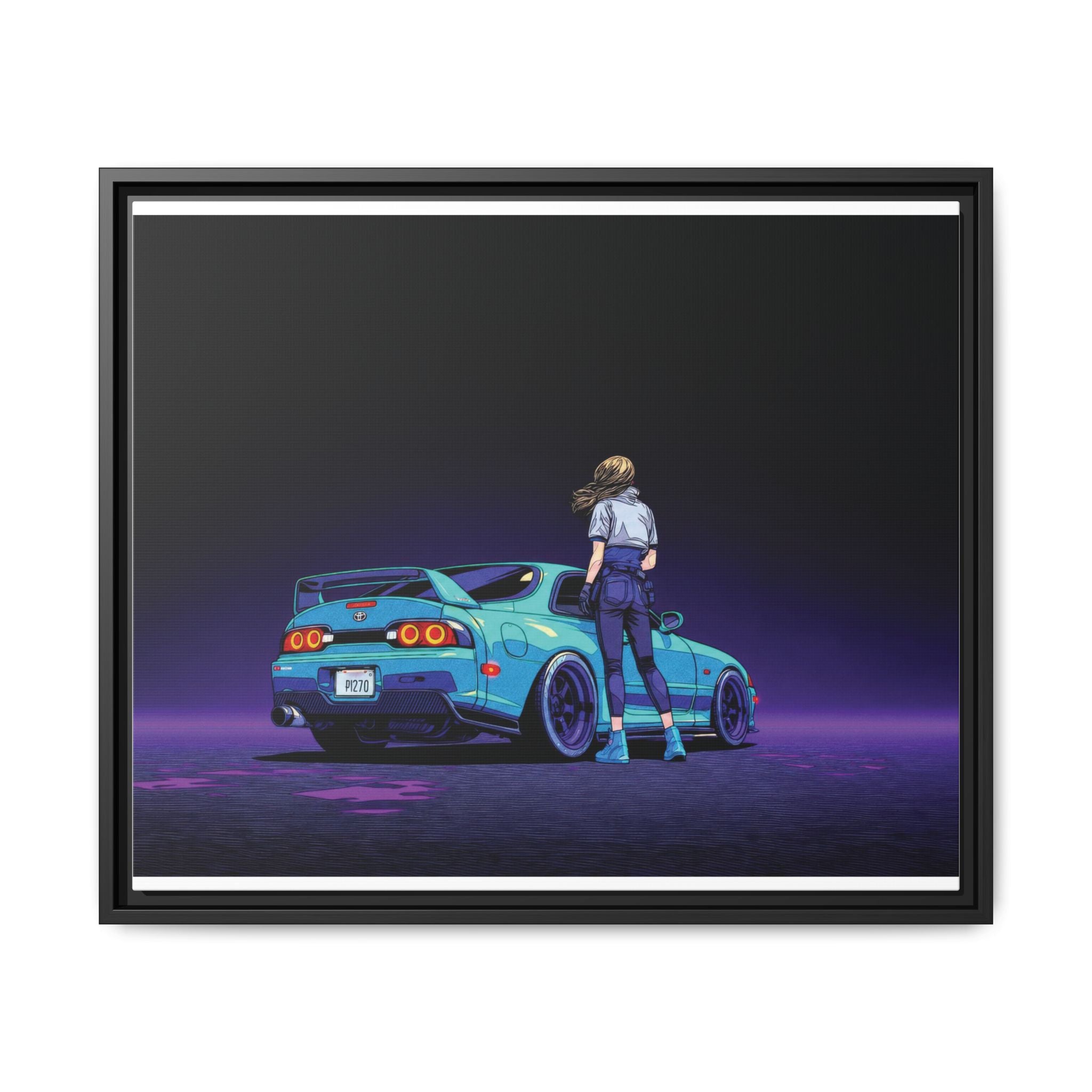 Retro Neon Race Car Poster Matte Canvas Framed | Anime Driver Wall Art