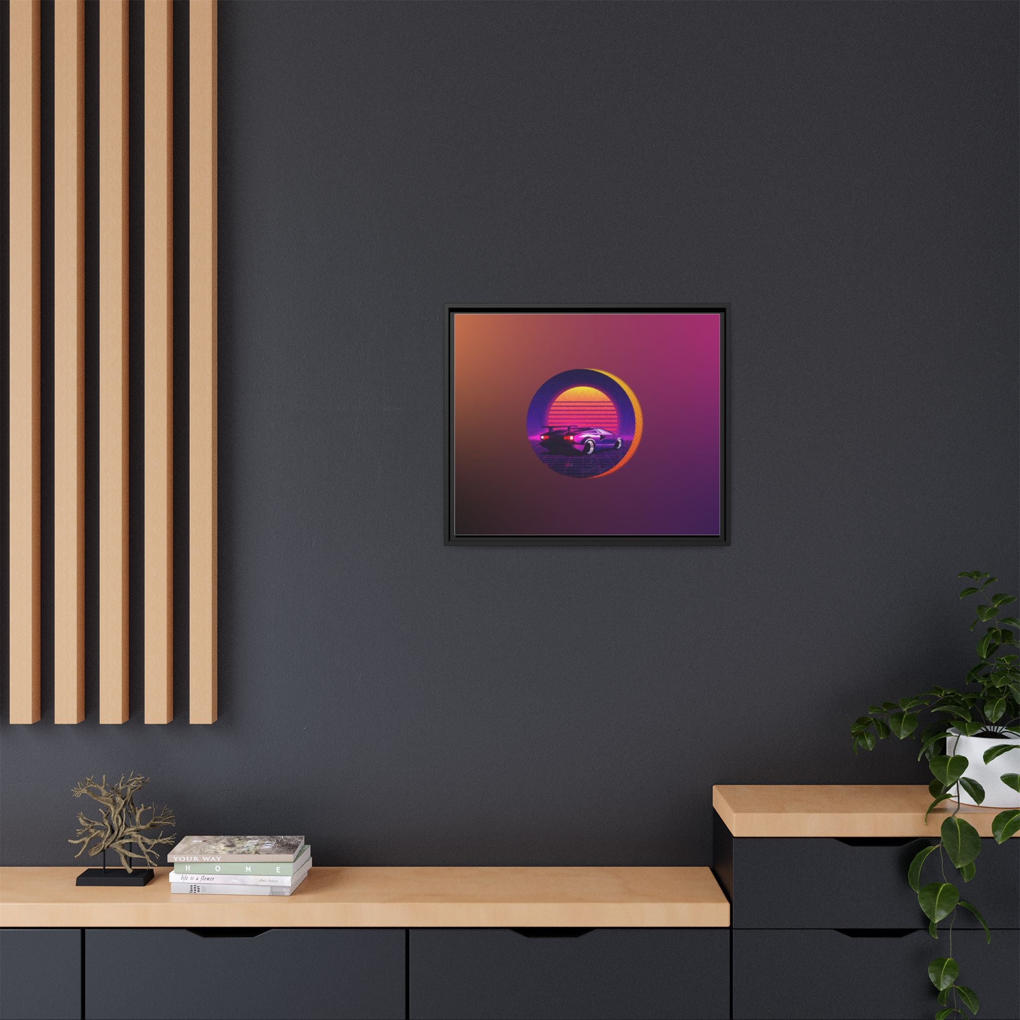 Retro Sunset Sports Car Matte Canvas Framed Wall Art