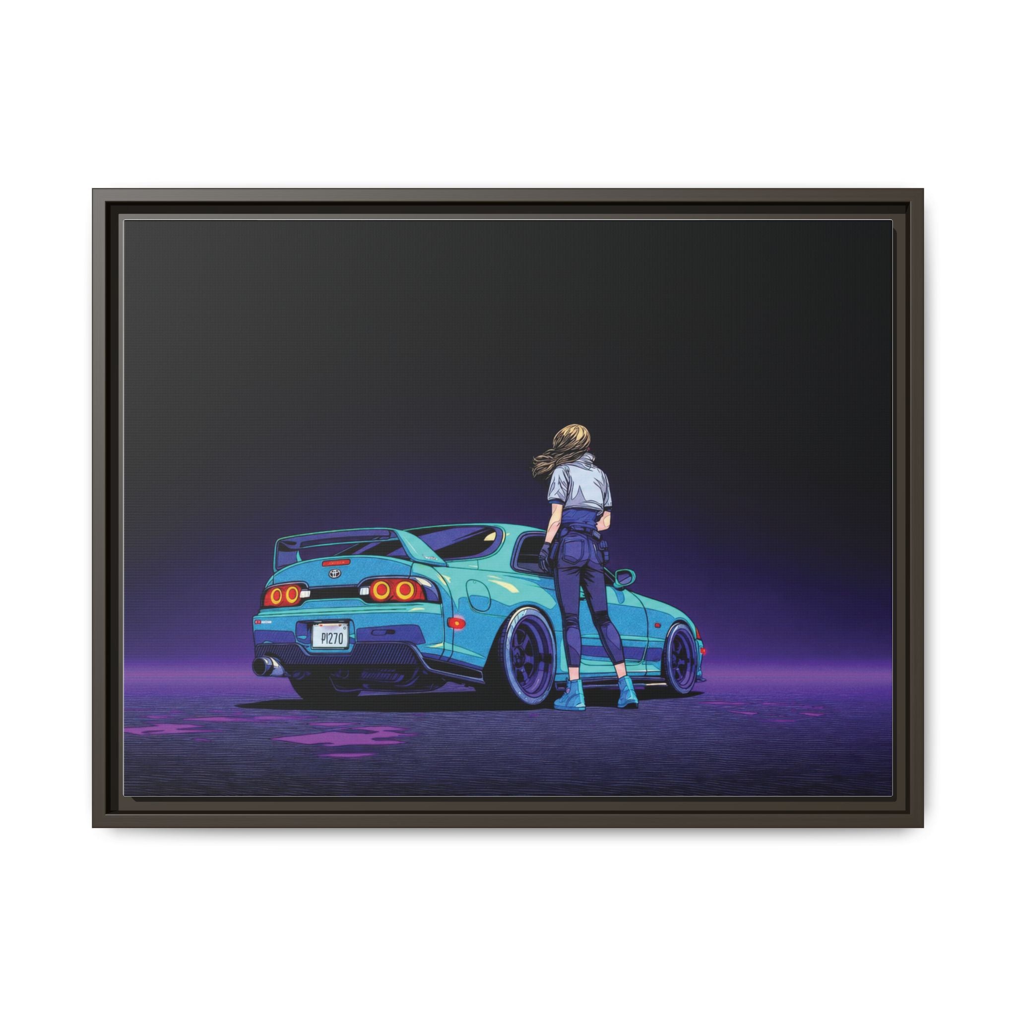 Retro Neon Race Car Poster Matte Canvas Framed | Anime Driver Wall Art