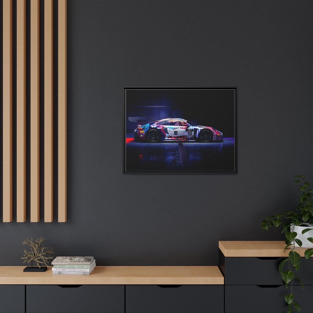 Framed Matte Canvas Print — Neon Racecar Wall Art