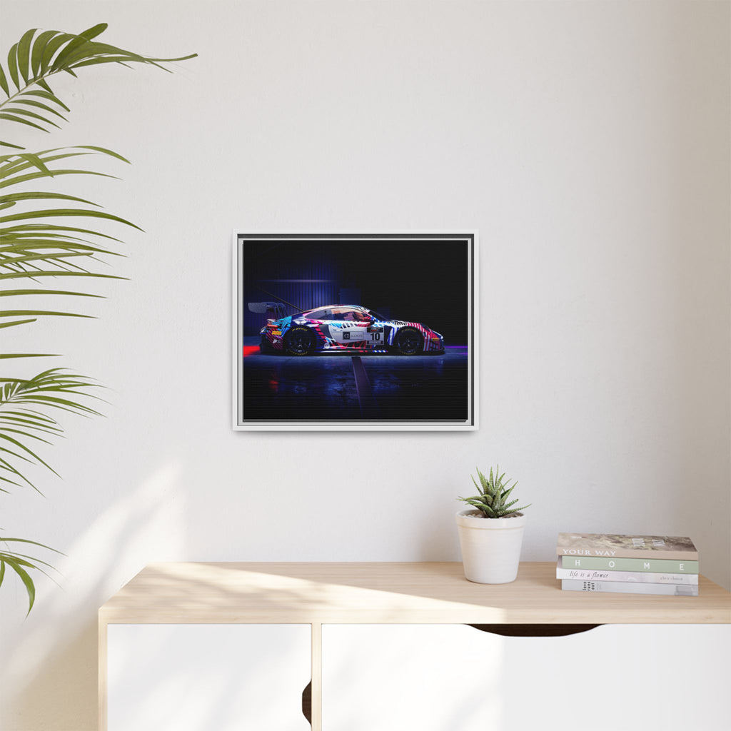 Framed Matte Canvas Print — Neon Racecar Wall Art