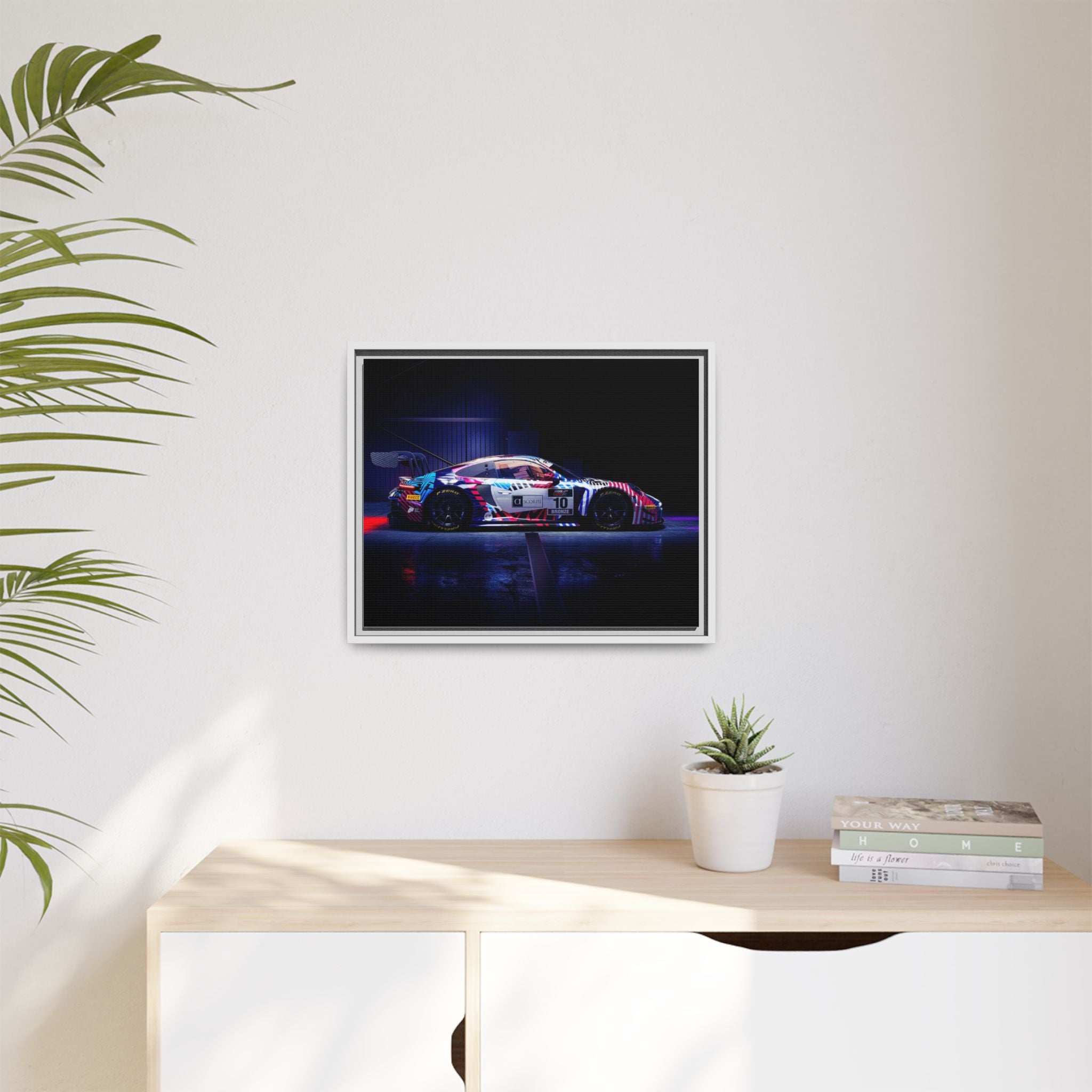 Framed Matte Canvas Print — Neon Racecar Wall Art